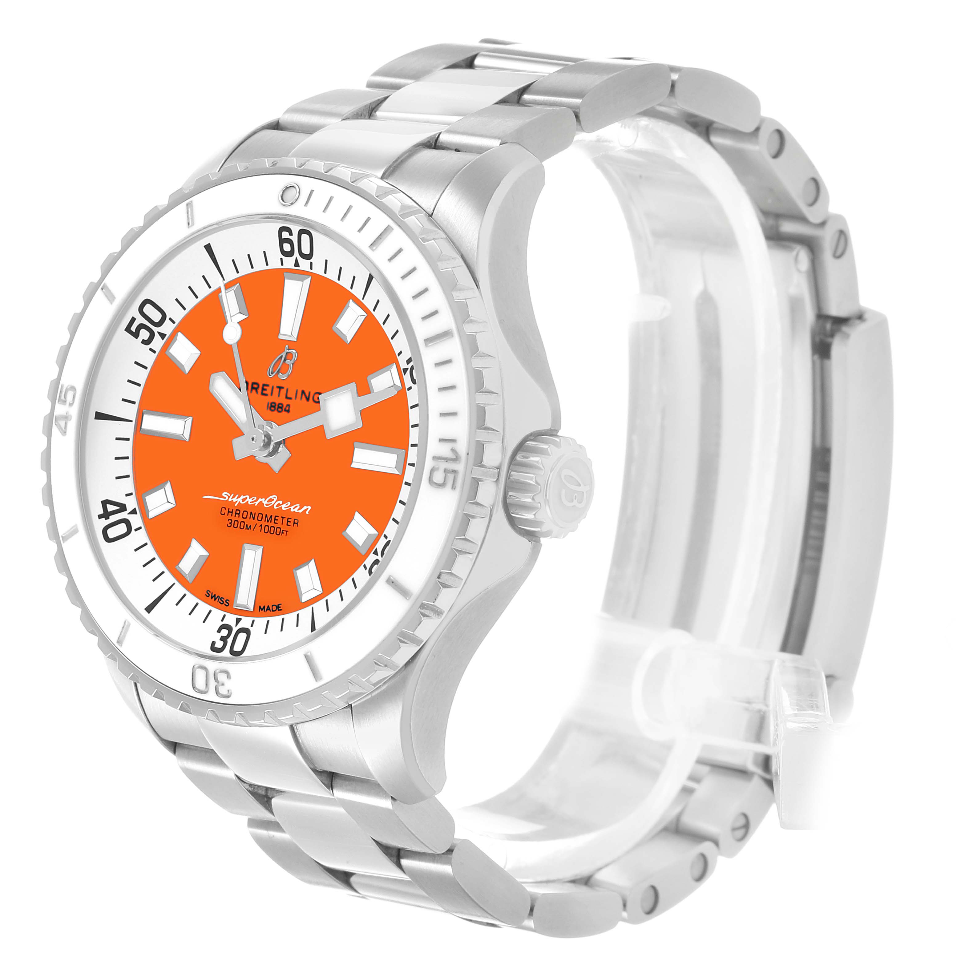 The Breitling A17377 Women's Stainless Steel Orange Dial Superocean 36 Watch is shown at an angled side view, highlighting its orange dial, bezel, and bracelet.