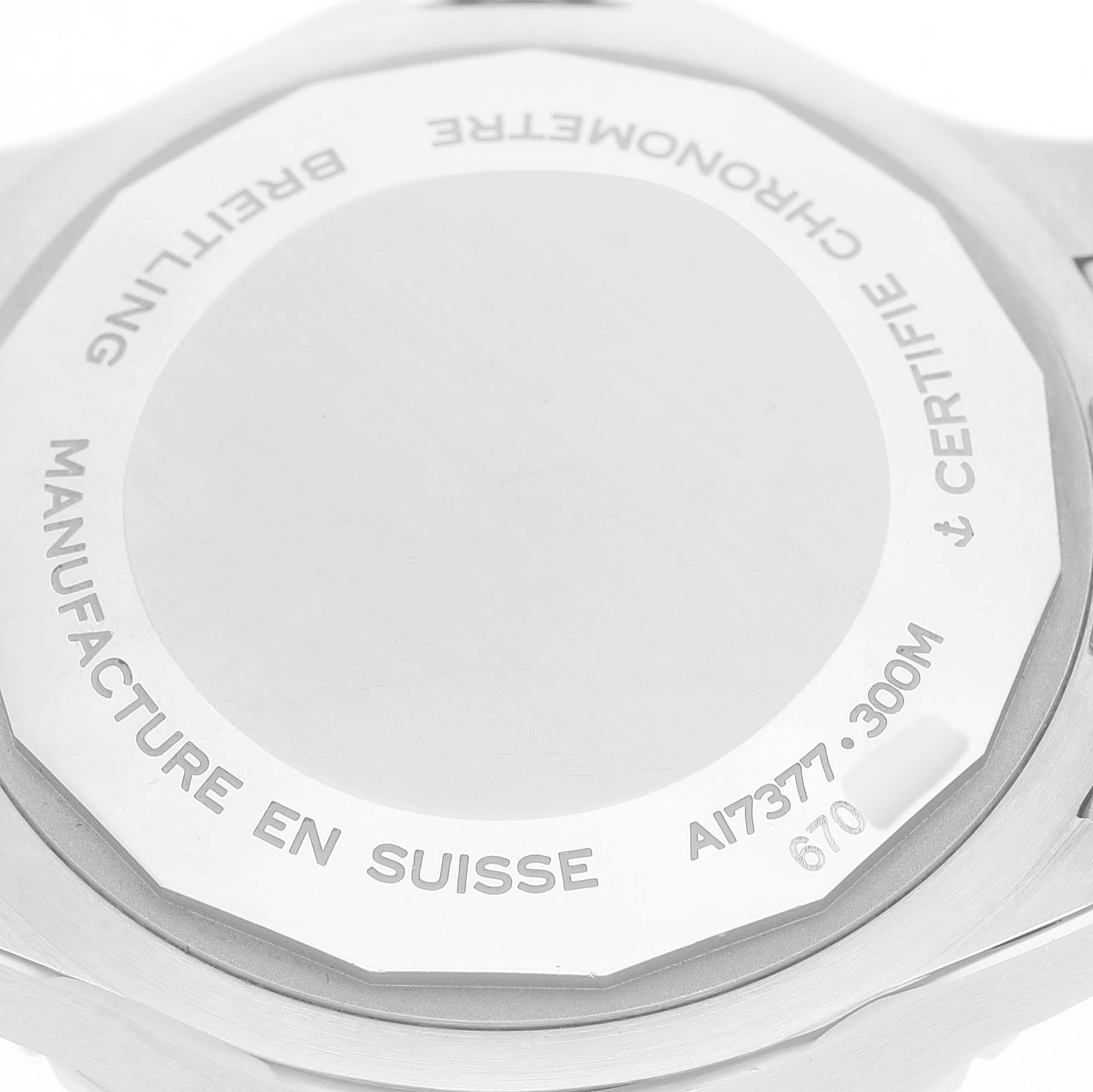 The image shows the back case of the Breitling A17377 Women's Stainless Steel Orange Dial Superocean 36, featuring engravings including model number and water resistance.