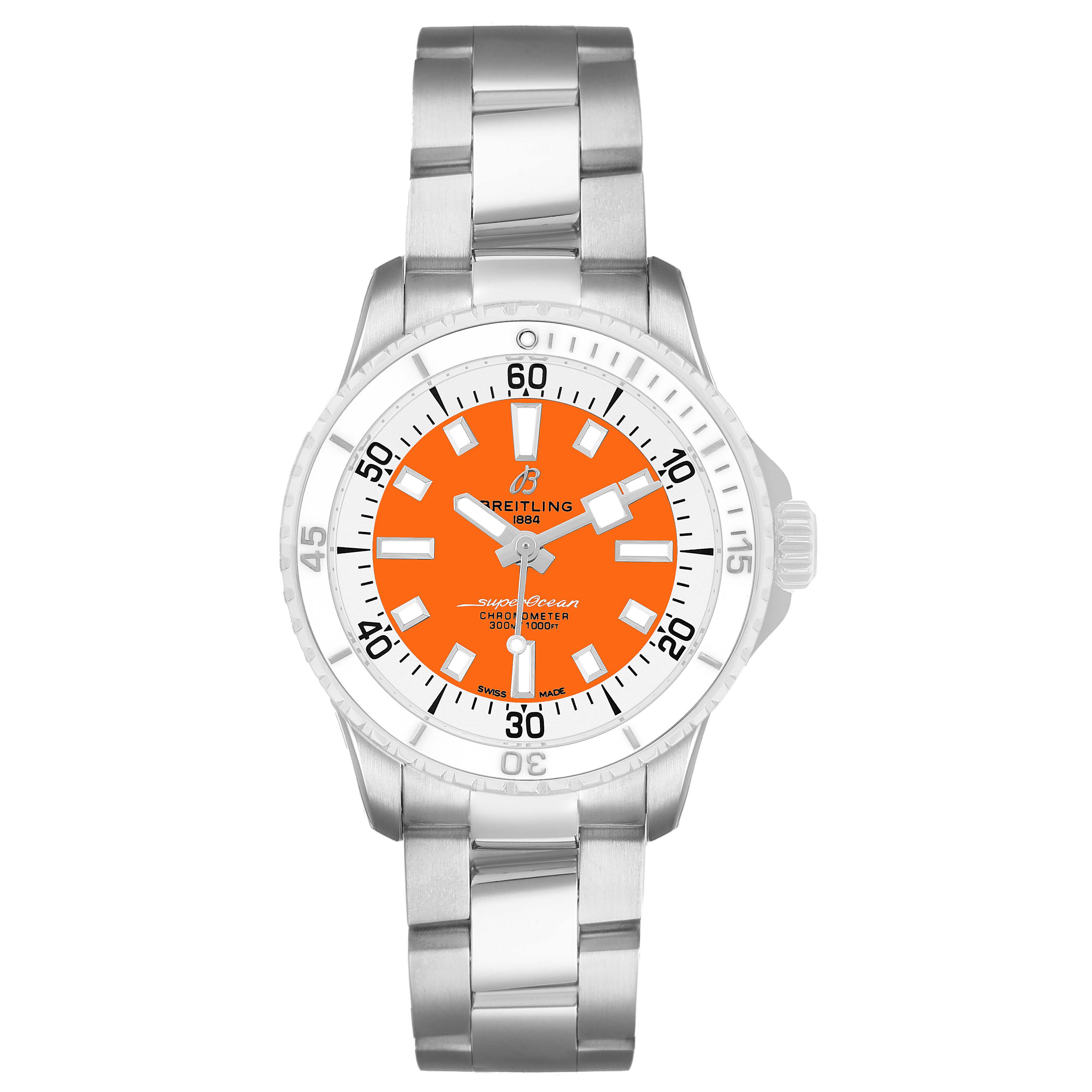 The Breitling A17377 Women's Stainless Steel Orange Dial Superocean 36 Ladies Watch A17377 is shown from a front angle, displaying its orange dial and steel bracelet.