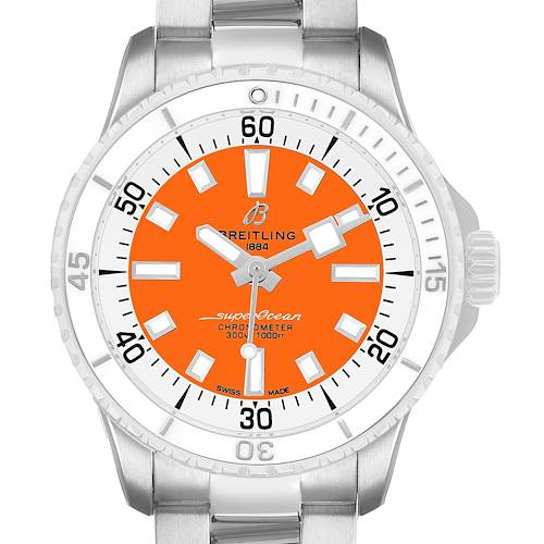 The Breitling A17377 Women's Stainless Steel Orange Dial Superocean 36 A17377 watch is shown from a front angle, highlighting its orange dial and steel bezel.