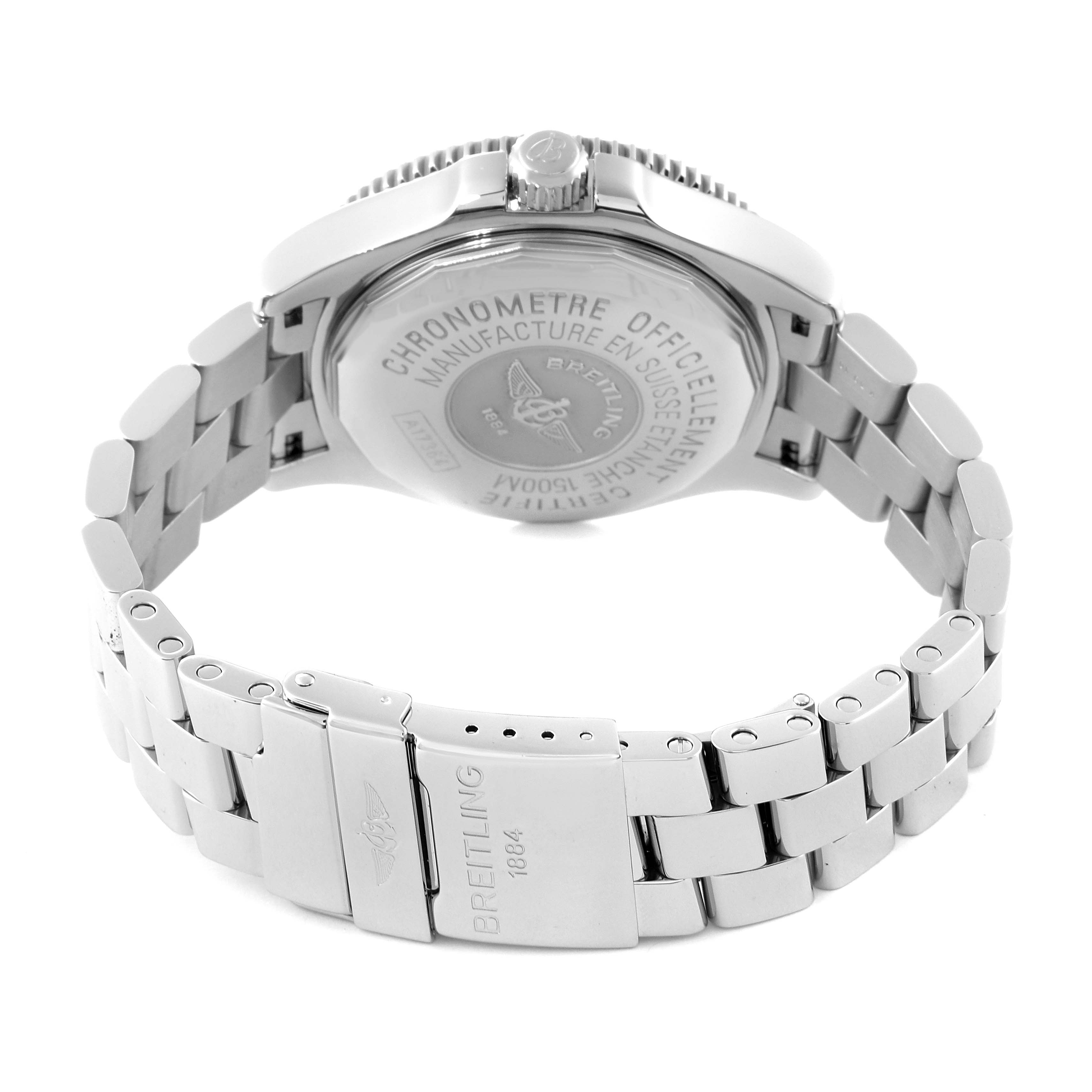 The image shows a Breitling Superocean A17364 Men's Stainless Steel Black Dial A17364 Men's Stainless Steel Black Dial watch from the back, highlighting the case back and the stainless steel bracelet.