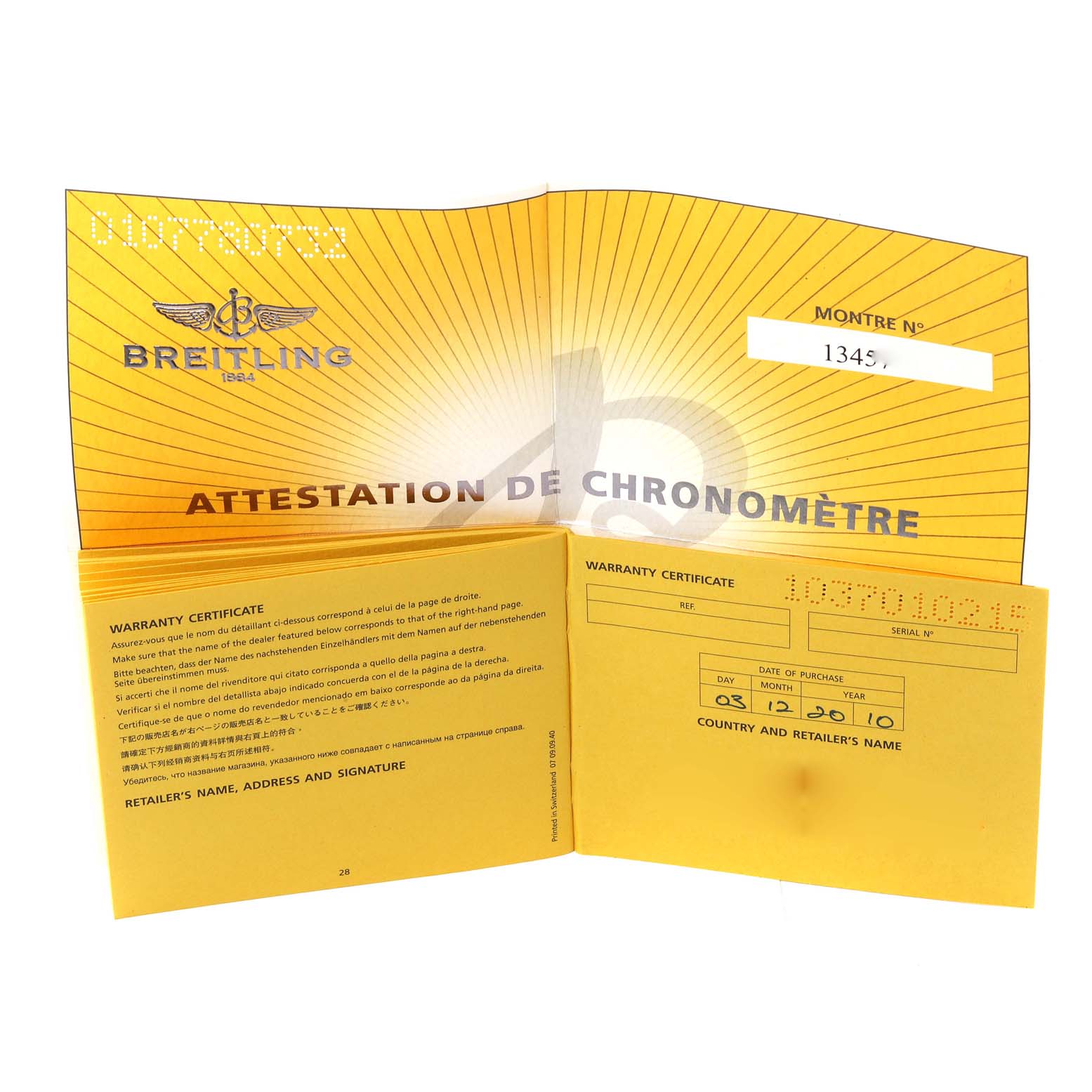 The image shows the warranty certificate and attestation de chronomètre document for a Breitling Superocean A17364 Men's Stainless Steel Black Dial A17364 Men's Stainless Steel Black Dial watch, displayed open flat.