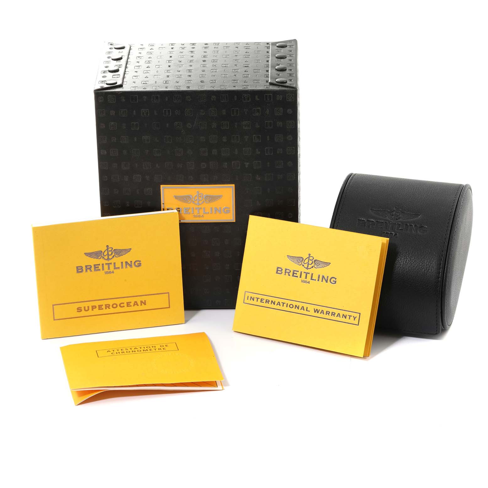 The image shows the box and paper accessories for a Breitling Superocean A17364 Men's Stainless Steel Black Dial A17364 Men's Stainless Steel Black Dial watch, including a black box, warranty cards, and a leather case.