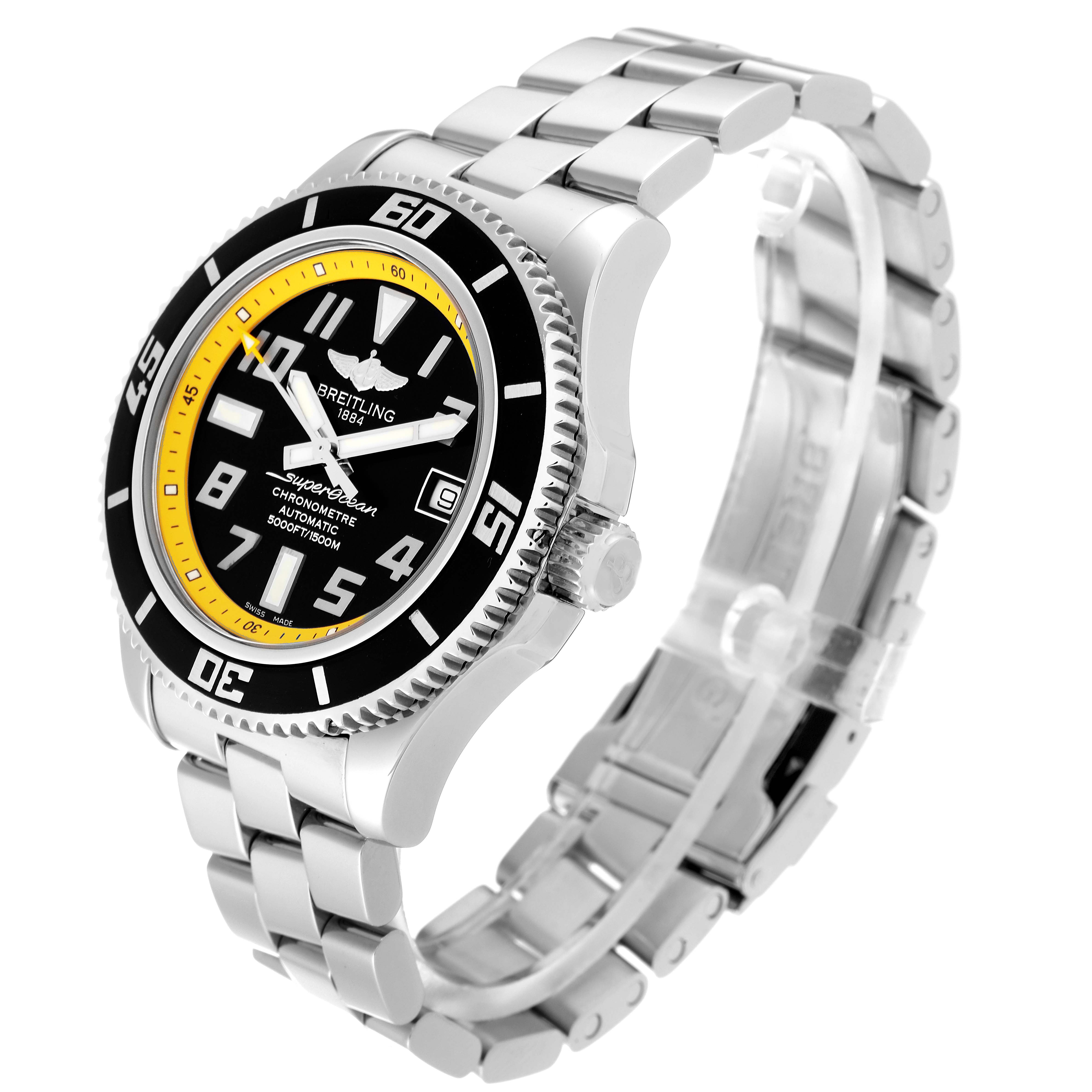 The image shows a Breitling Superocean A17364 Men's Stainless Steel Black Dial A17364 Men's Stainless Steel Black Dial watch at an angled perspective, highlighting the face, bezel, crown, and metal bracelet.