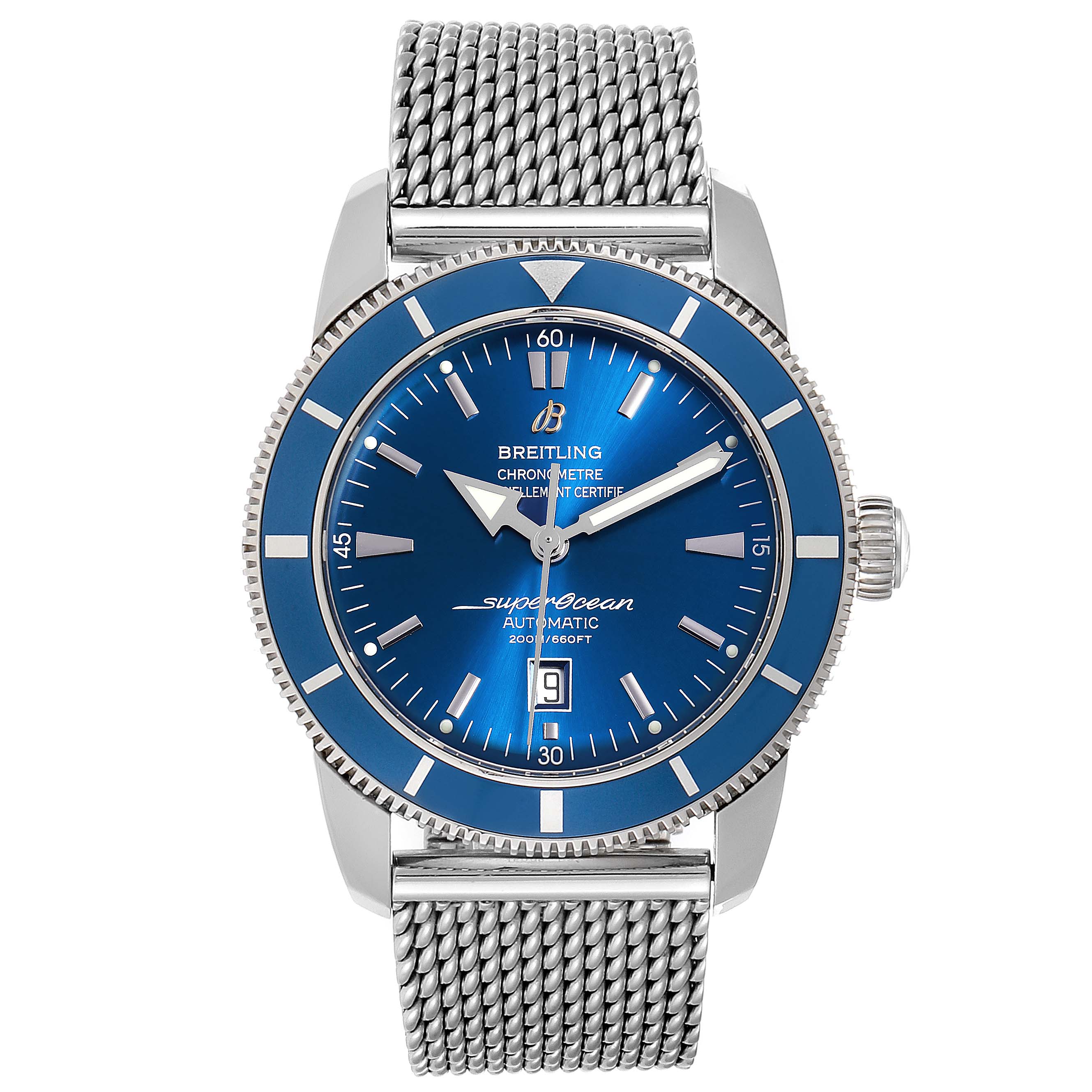 This image shows a front view of a Breitling Superocean A17320 Men's Stainless Steel Blue Dial A17320 Men's Stainless Steel Blue Dial model watch with a blue dial and a mesh bracelet.
