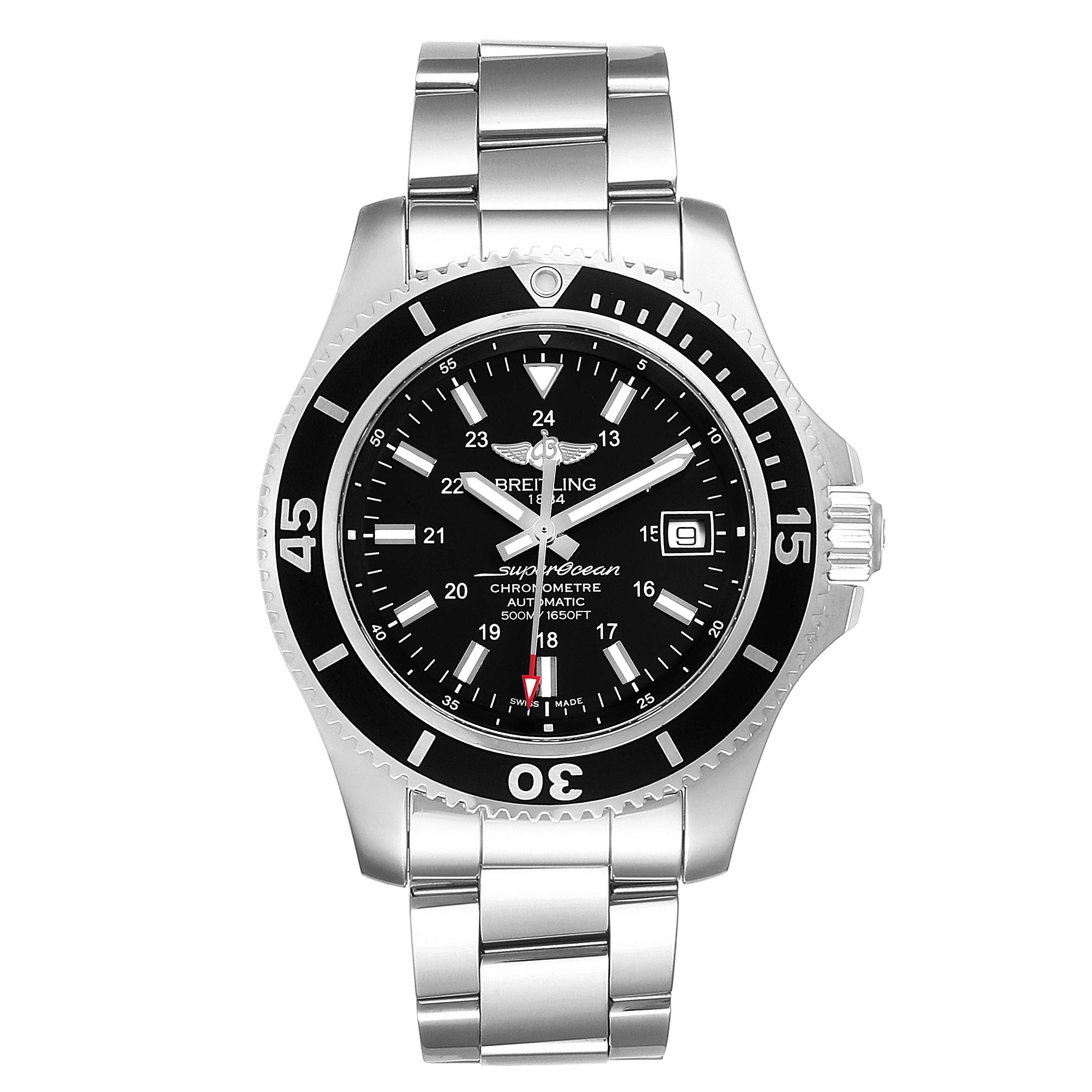 The image shows a front view of the Breitling Superocean A17365 Men's Stainless Steel Black Dial A17365 Men's Stainless Steel Black Dial watch, displaying its dial, bezel, and metal bracelet.
