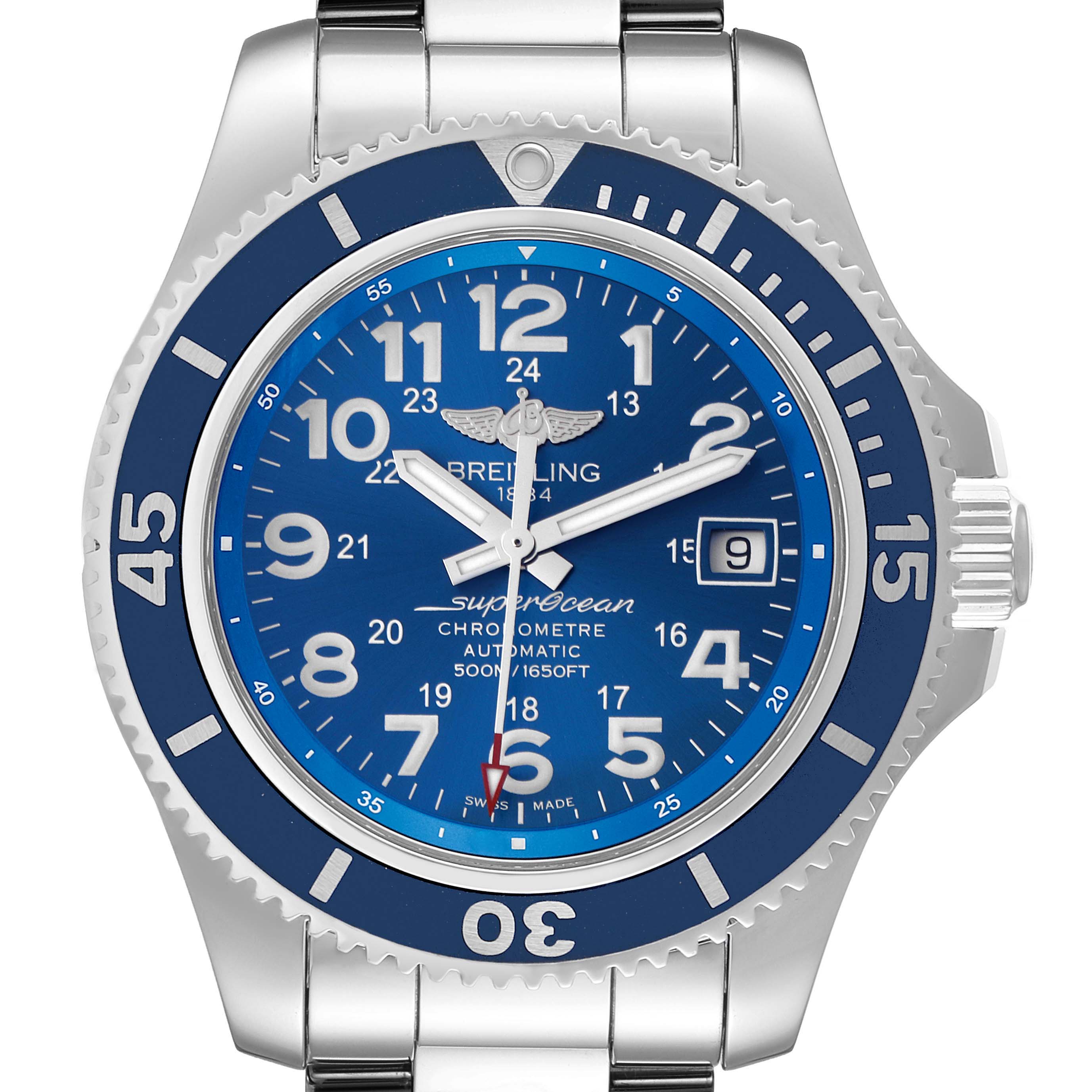 The image shows a front view of a Breitling Superocean A17391 Men's Stainless Steel Blue Dial A17391 Men's Stainless Steel Blue Dial watch, highlighting the face, bezel, and part of the stainless steel bracelet.
