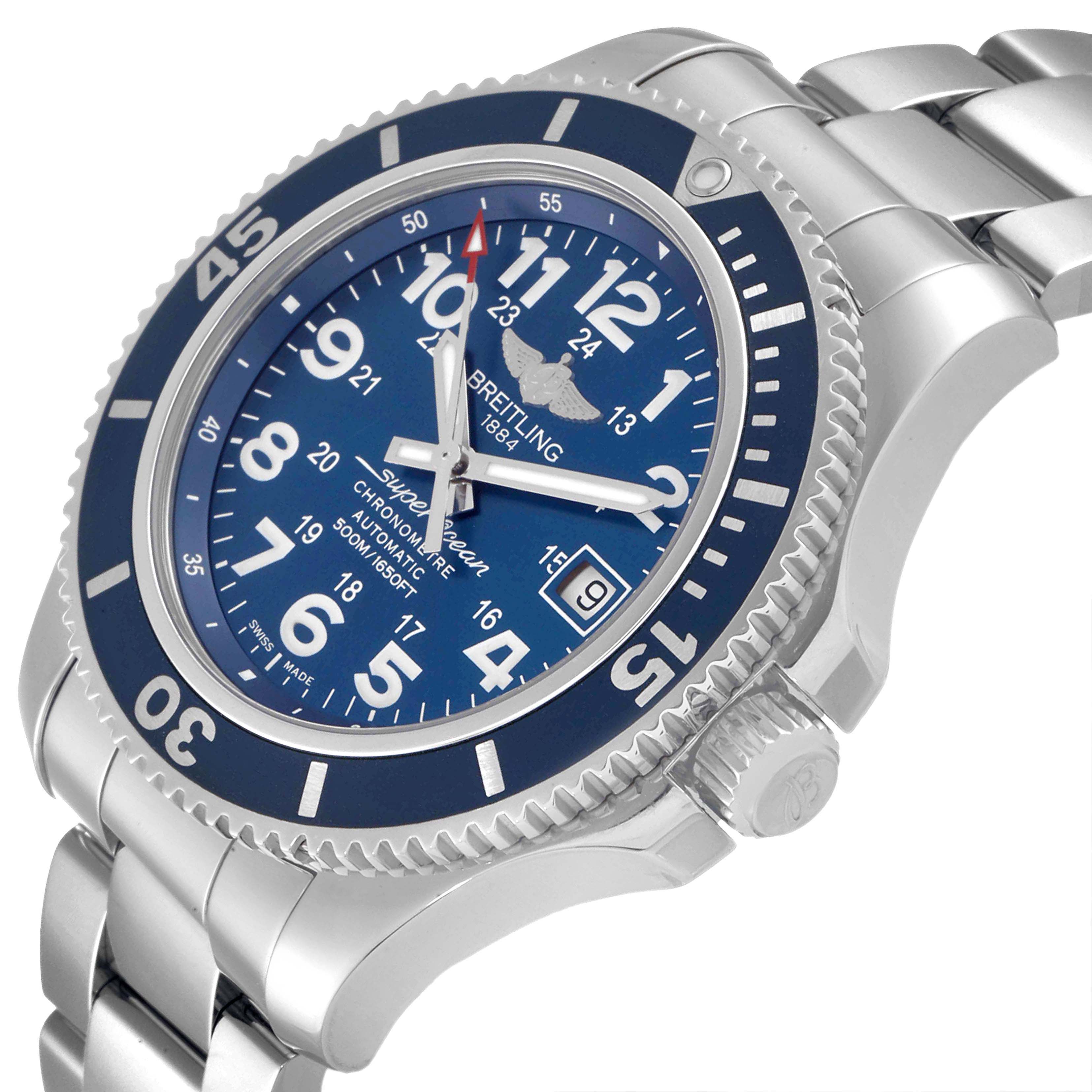 The image shows a Breitling Superocean A17391 Men's Stainless Steel Blue Dial A17391 Men's Stainless Steel Blue Dial watch at a slight angle, highlighting its blue dial, bezel, crown, and metal bracelet.