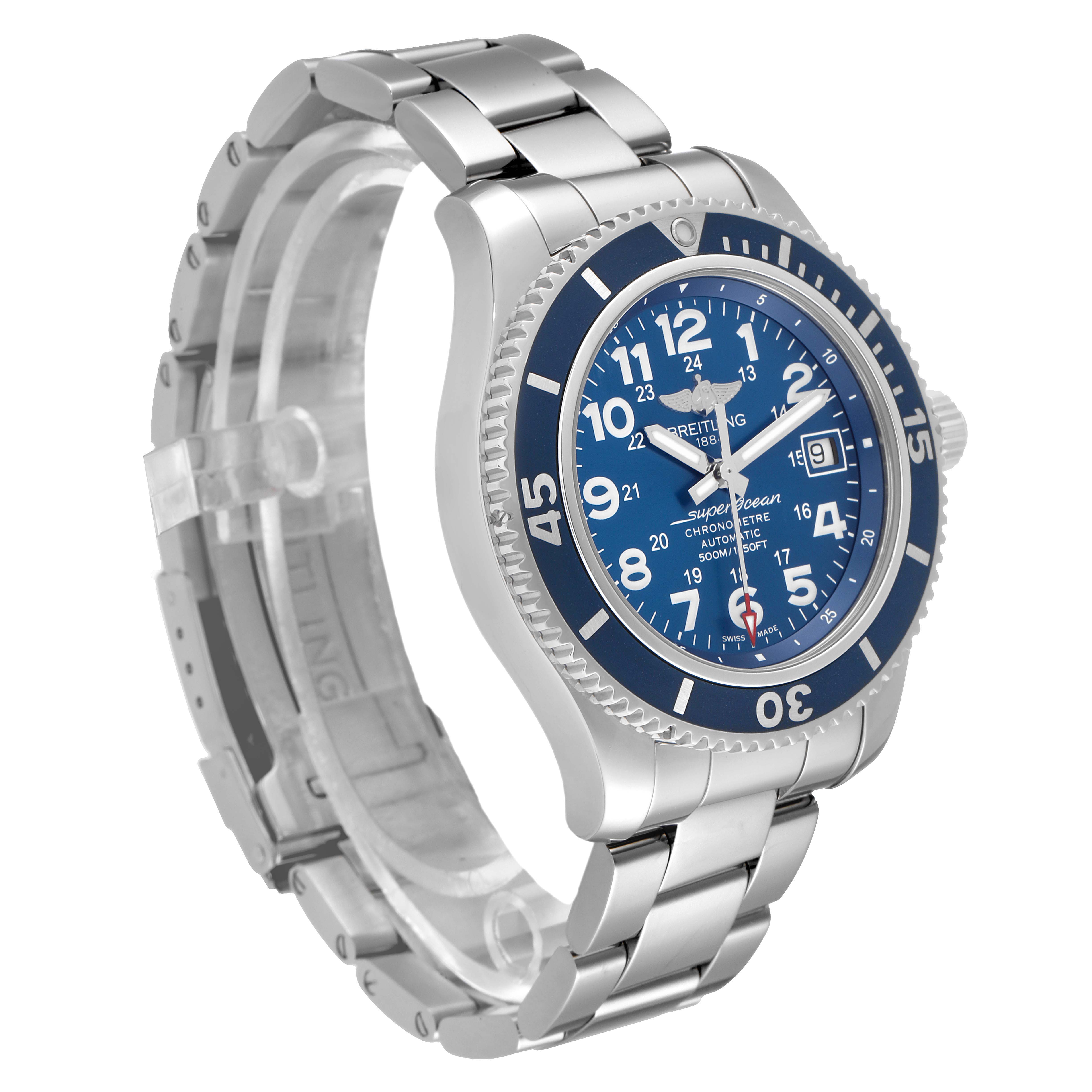 The image shows a Breitling Superocean A17391 Men's Stainless Steel Blue Dial A17391 Men's Stainless Steel Blue Dial watch from a left-side angle, highlighting its blue dial, bezel, and metal bracelet.