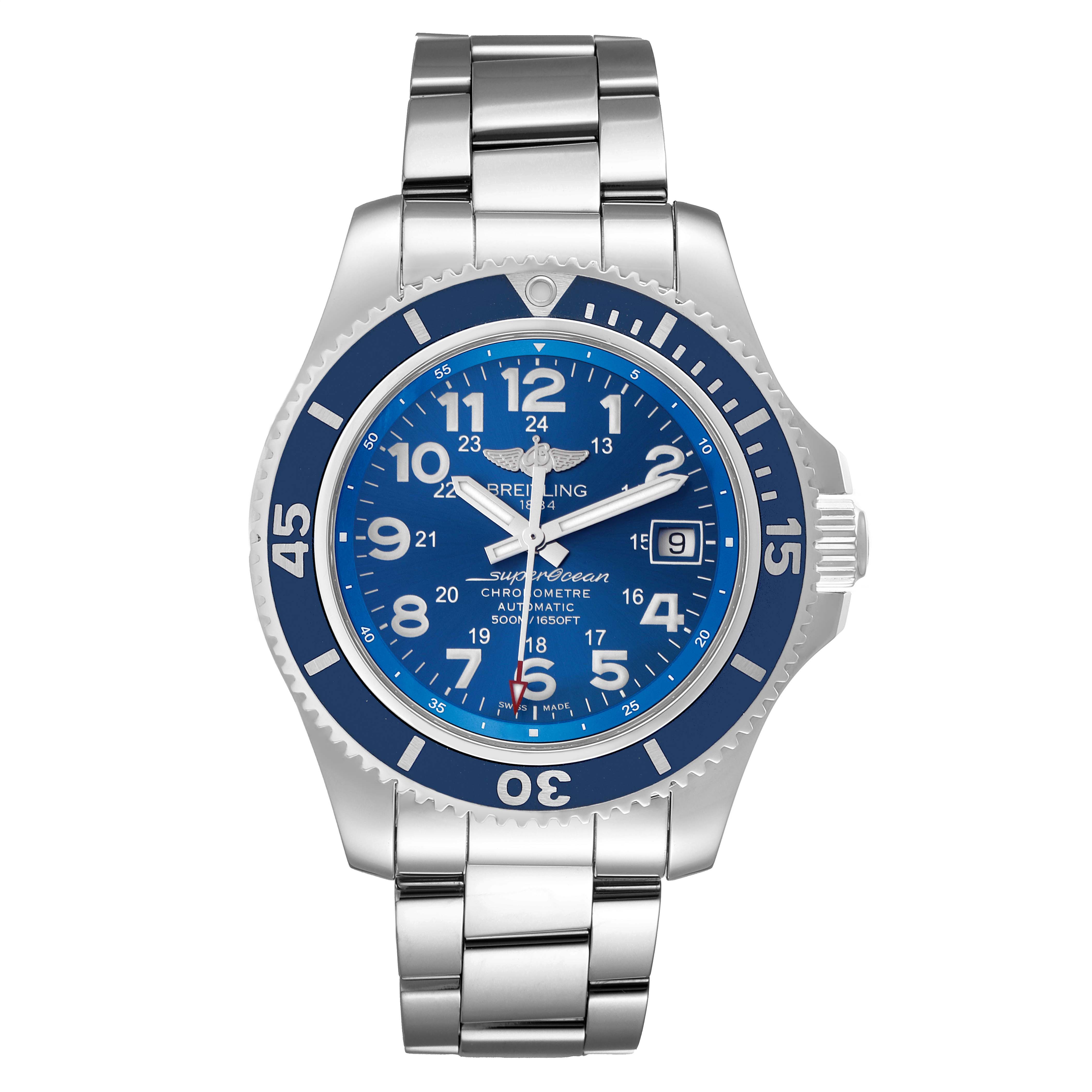 The image shows a front view of a Breitling Superocean A17391 Men's Stainless Steel Blue Dial A17391 Men's Stainless Steel Blue Dial watch, highlighting its blue dial, date window, and stainless steel bracelet.