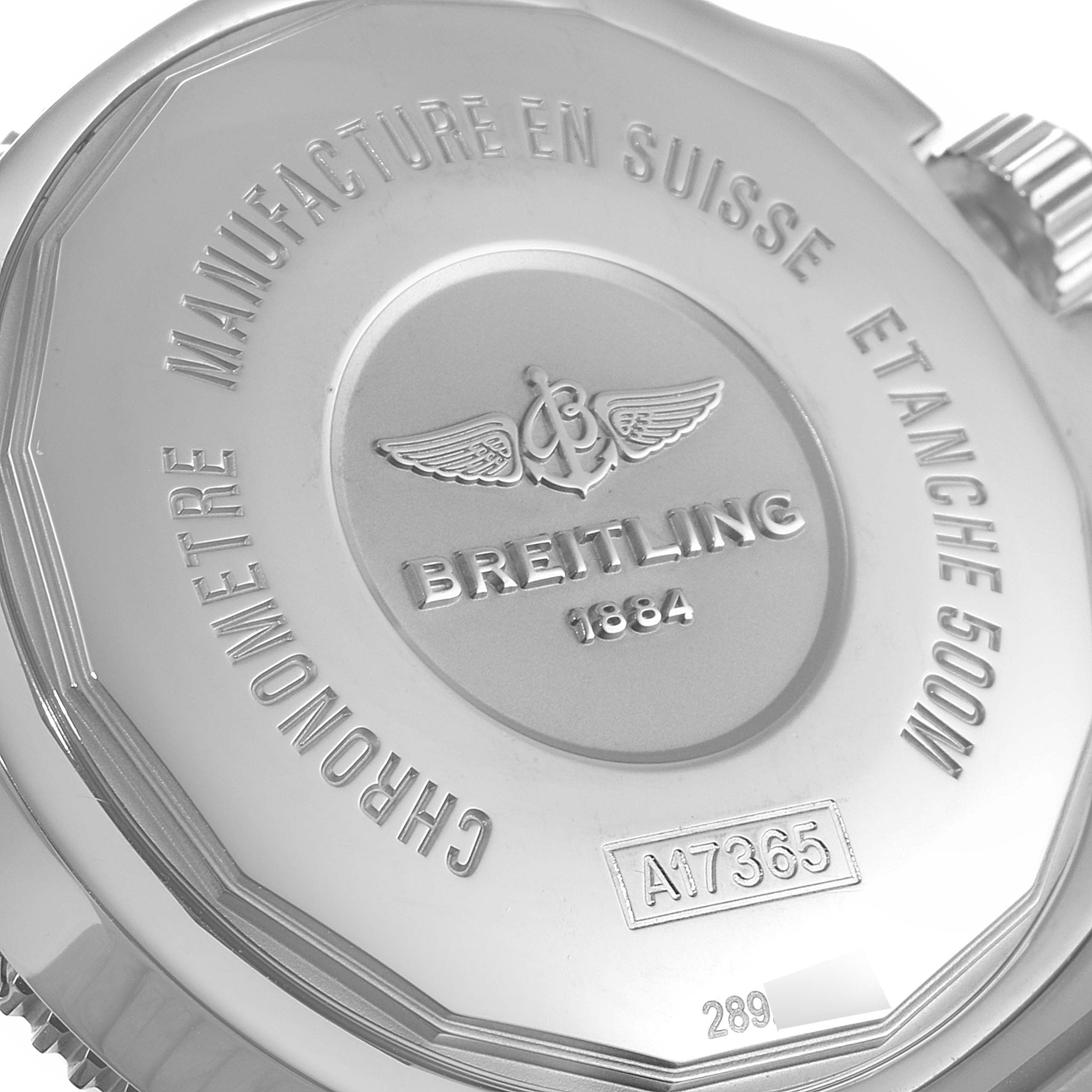 This image shows the back case of the Breitling Superocean A17391 Men's Stainless Steel Blue Dial A17391 Men's Stainless Steel Blue Dial watch with engravings.