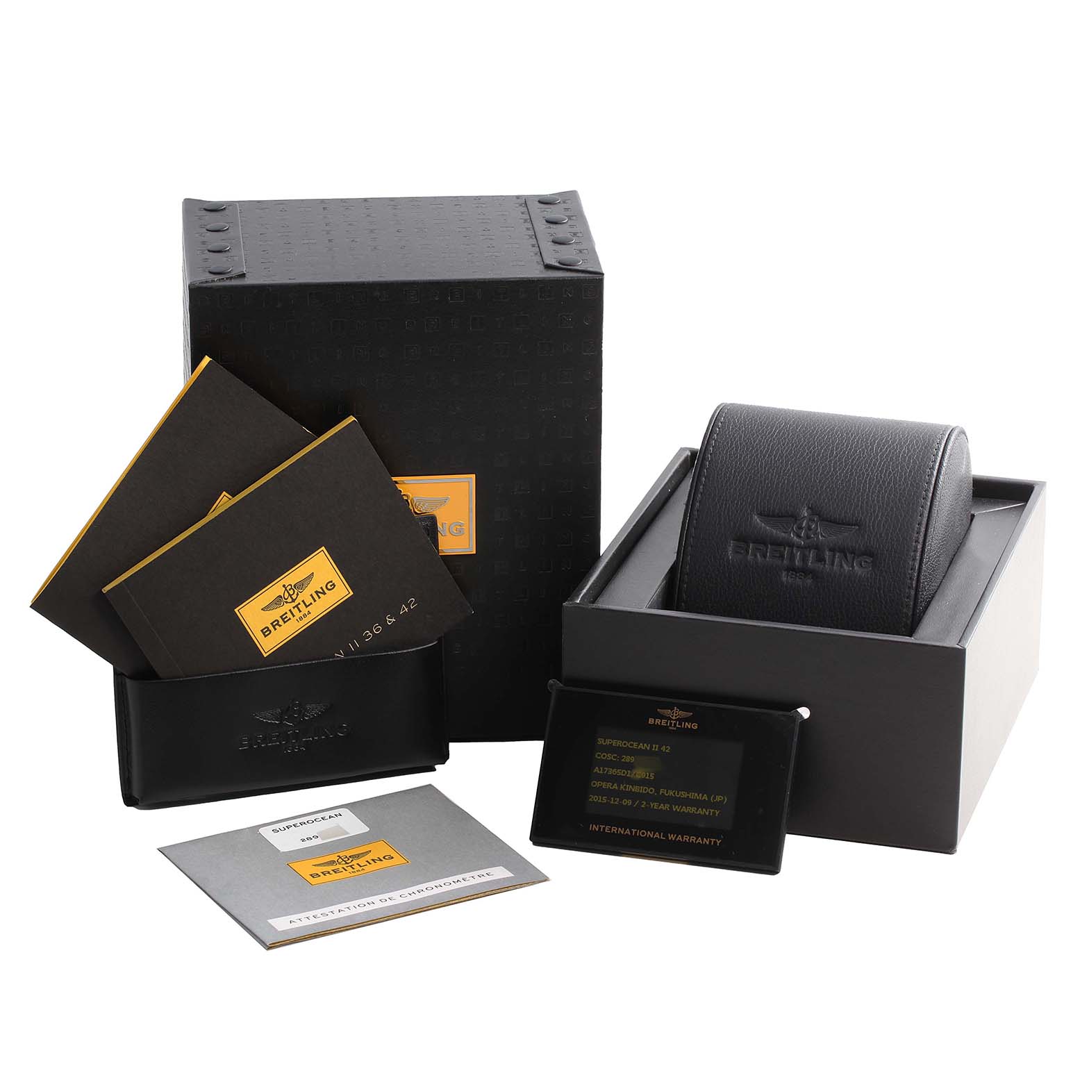 The image shows the packaging, warranty cards, and case for a Breitling Superocean A17391 Men's Stainless Steel Blue Dial A17391 Men's Stainless Steel Blue Dial watch.