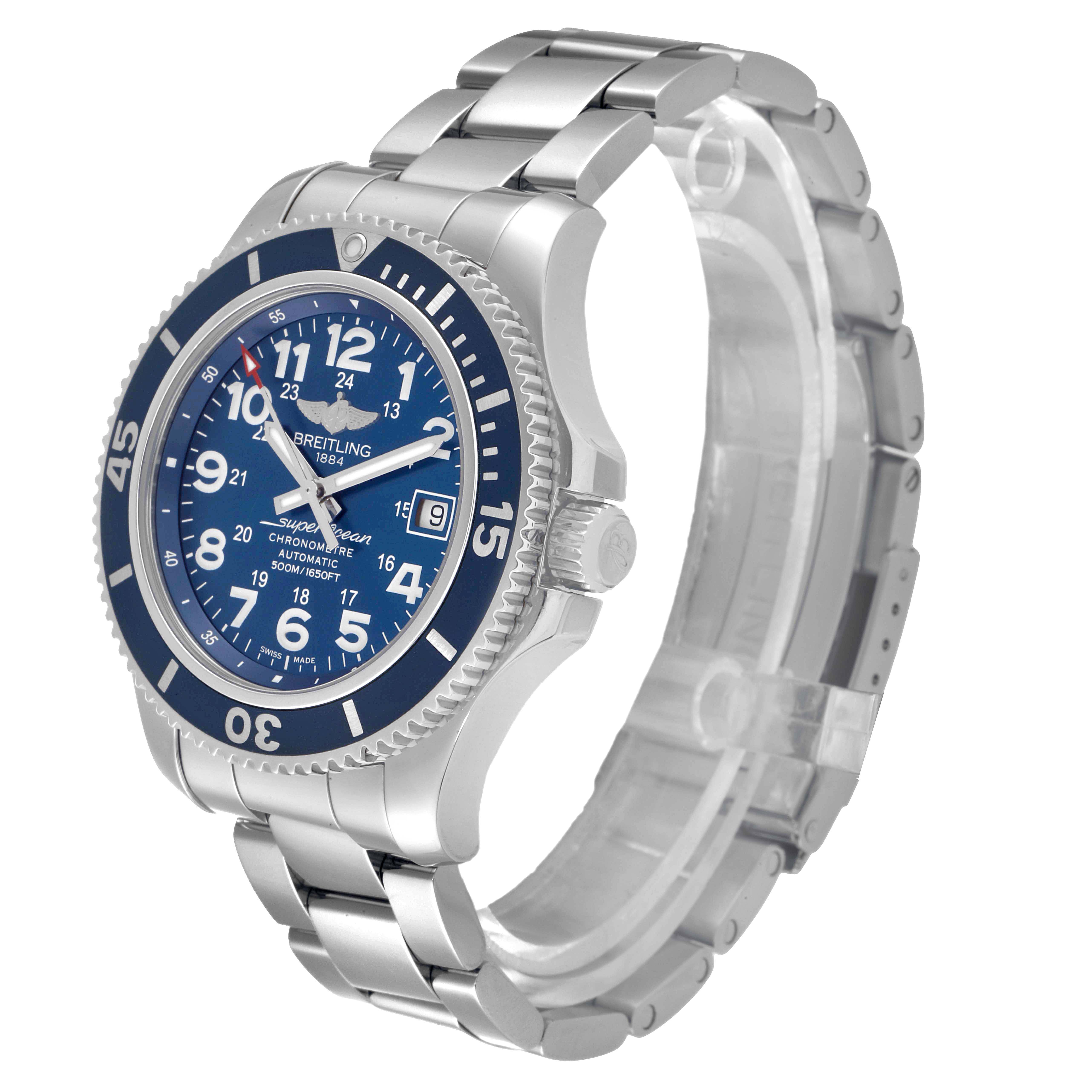 This image shows a Breitling Superocean A17391 Men's Stainless Steel Blue Dial A17391 Men's Stainless Steel Blue Dial watch angled to display the face, bezel, crown, and bracelet.
