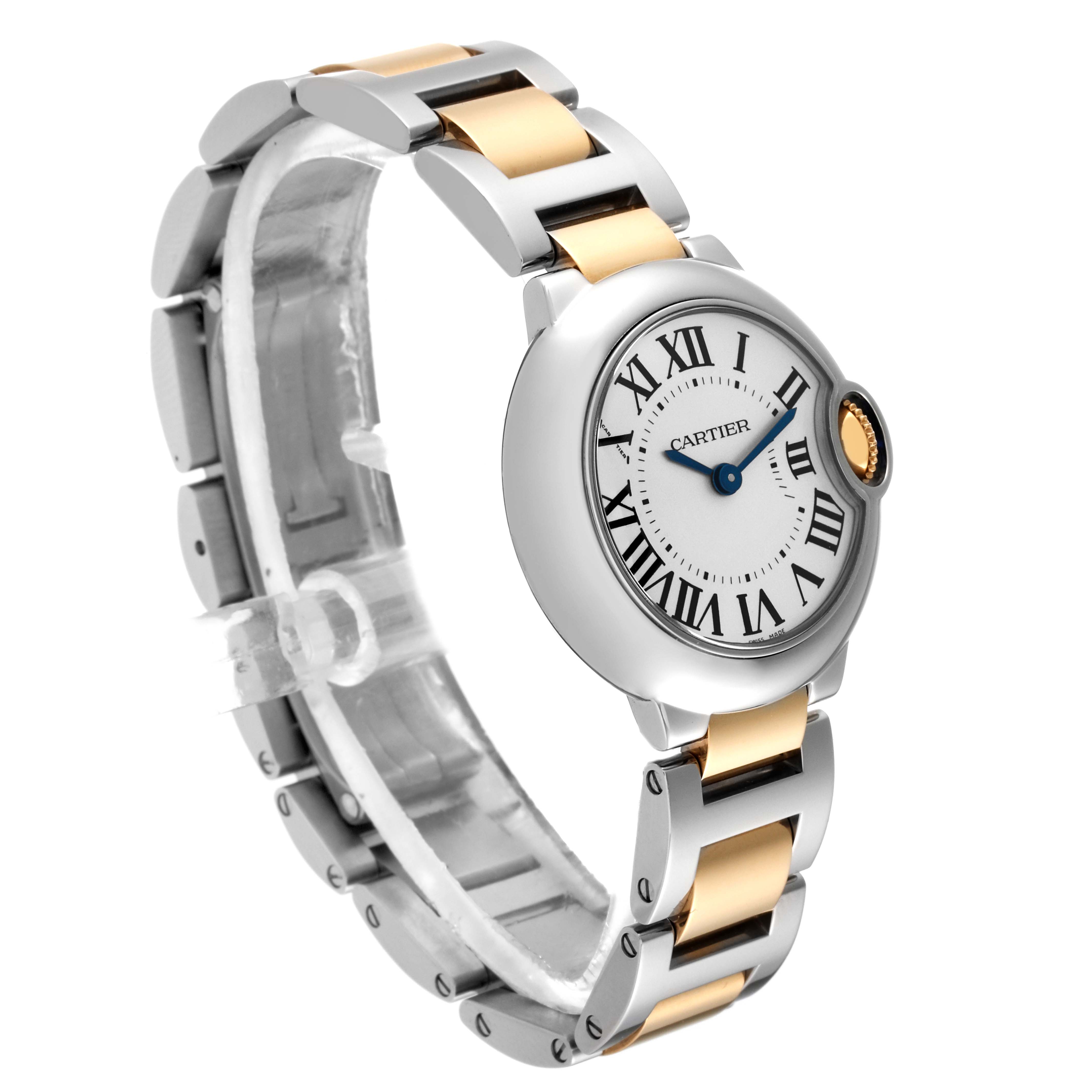This image shows a side angle of the Cartier Ballon Bleu W69007Z3 Women
s Steel and Gold (two tone) Silver Dial W69007Z3 Women
s Steel and Gold (two tone) Silver Dial watch with its face, Roman numeral markers, and two-tone metal bracelet.