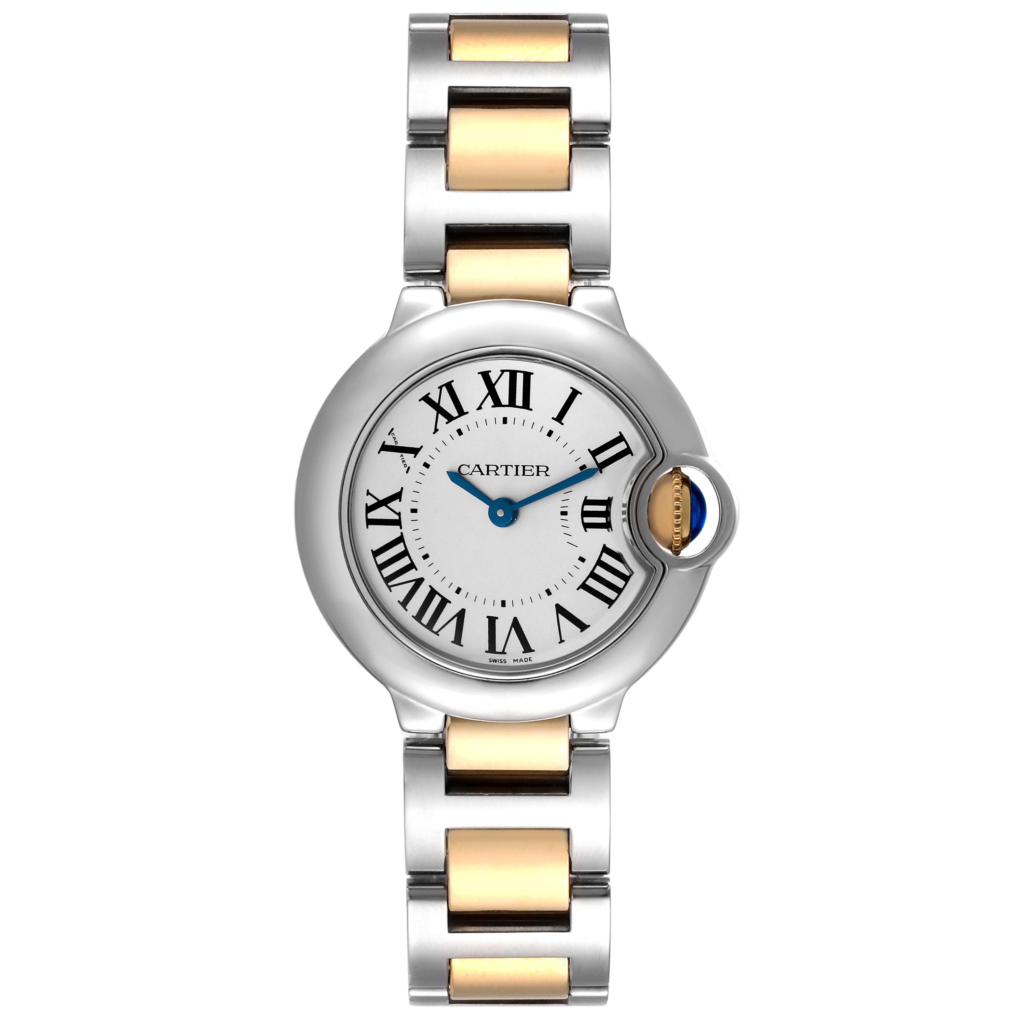 This image shows a front view of the Cartier Ballon Bleu W69007Z3 Women
s Steel and Gold (two tone) Silver Dial W69007Z3 Women
s Steel and Gold (two tone) Silver Dial watch, highlighting its face and two-tone bracelet.