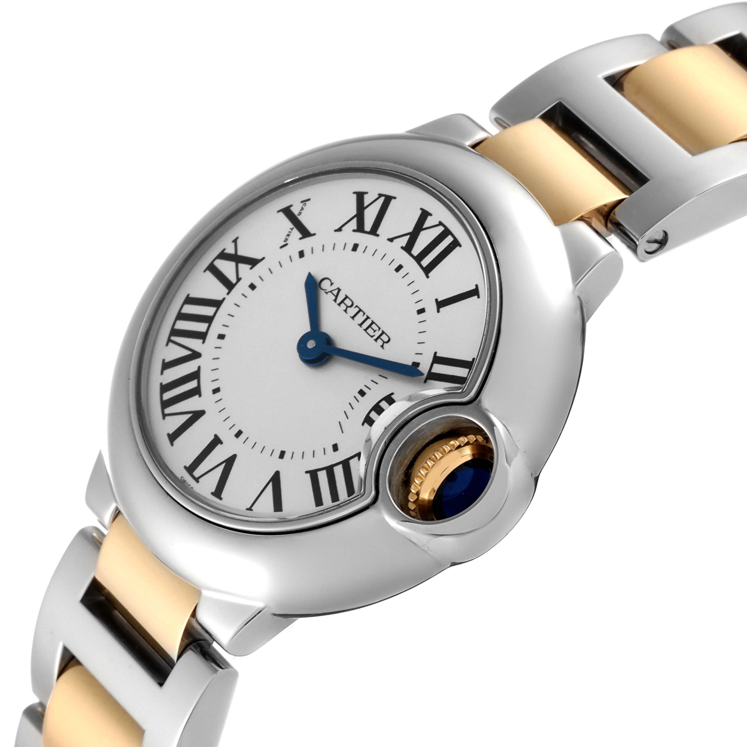 The image shows a close-up angled view of the Cartier Ballon Bleu W69007Z3 Women
s Steel and Gold (two tone) Silver Dial W69007Z3 Women
s Steel and Gold (two tone) Silver Dial watch, highlighting the face, Roman numeral markers, blue hands, and part of the bracelet.