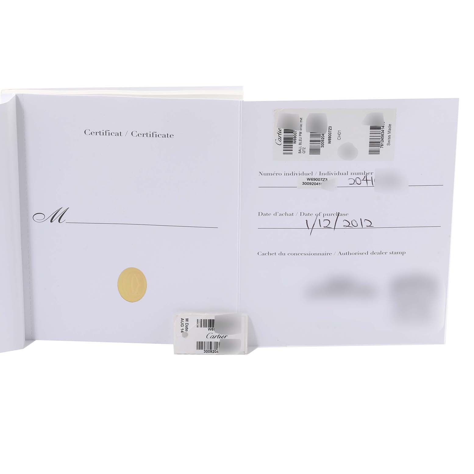 The image shows a certificate and documentation for the Cartier Ballon Bleu W69007Z3 Women
s Steel and Gold (two tone) Silver Dial W69007Z3 Women
s Steel and Gold (two tone) Silver Dial watch model, including stickers with identification numbers.