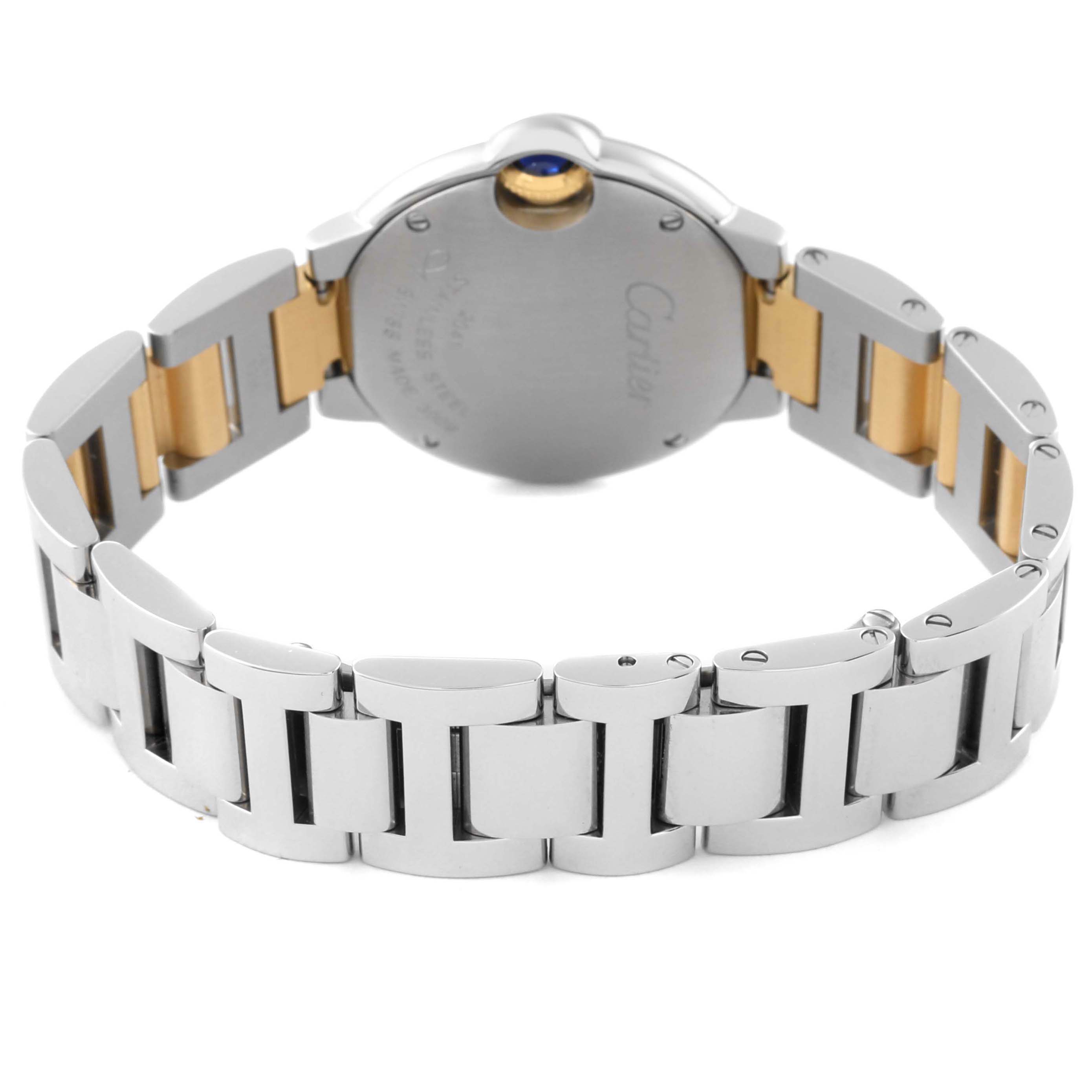 The image shows the back view and bracelet of the Ballon Bleu model by Cartier.