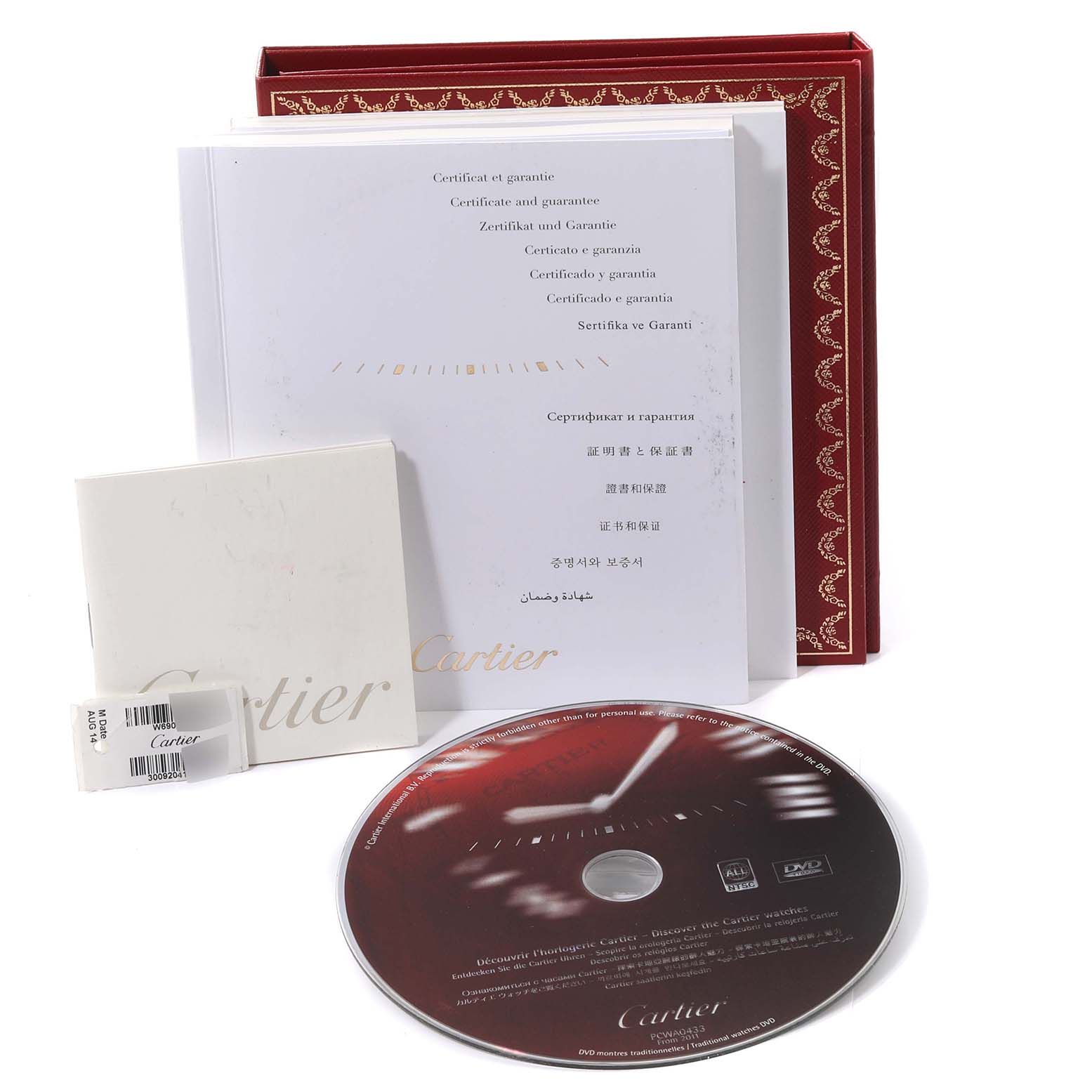 The image shows the documentation, packaging, and a CD for the Ballon Bleu model by Cartier.