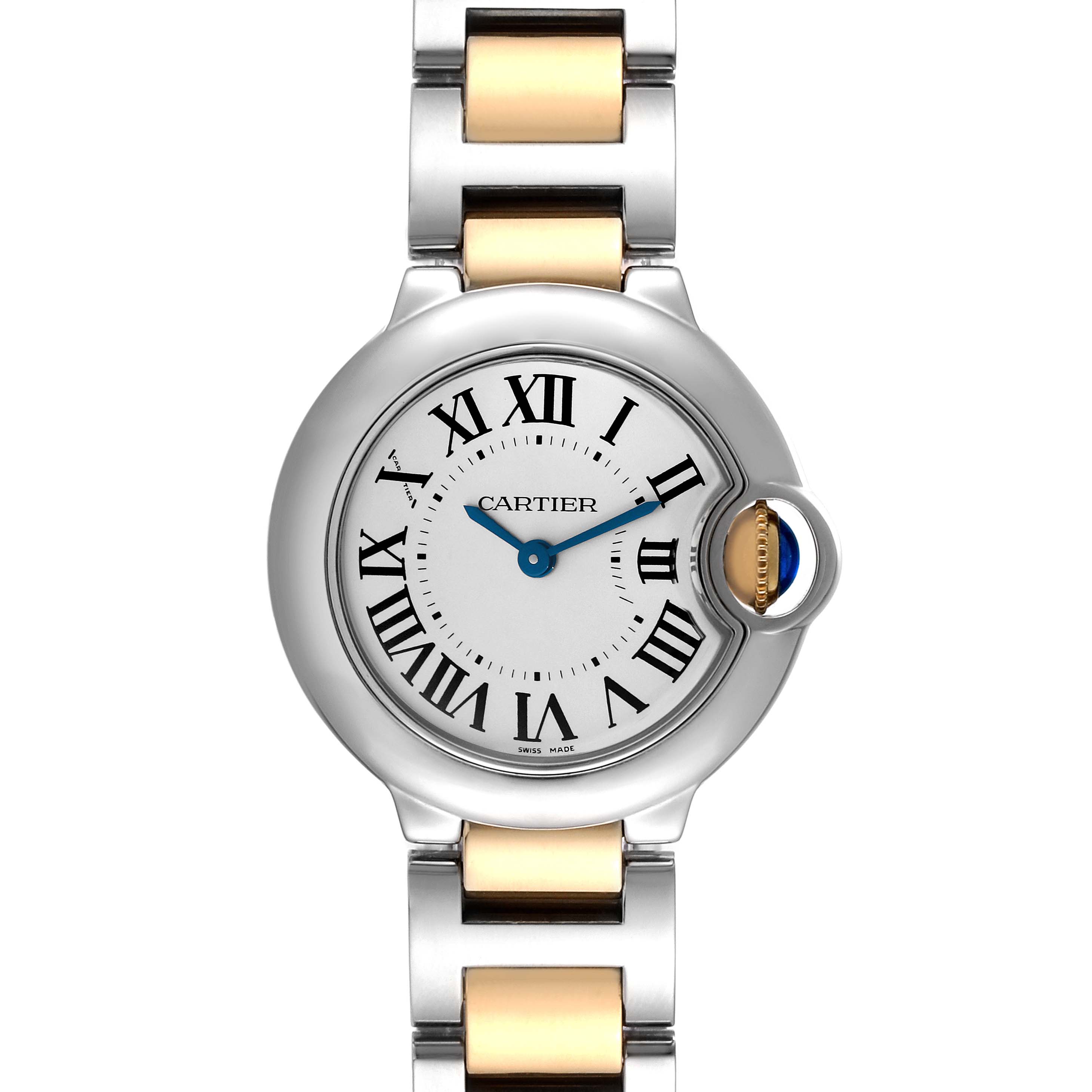 This image shows the front view of a Cartier Ballon Bleu W69007Z3 Women
s Steel and Gold (two tone) Silver Dial W69007Z3 Women
s Steel and Gold (two tone) Silver Dial watch, highlighting its dial, Roman numerals, and two-tone bracelet.