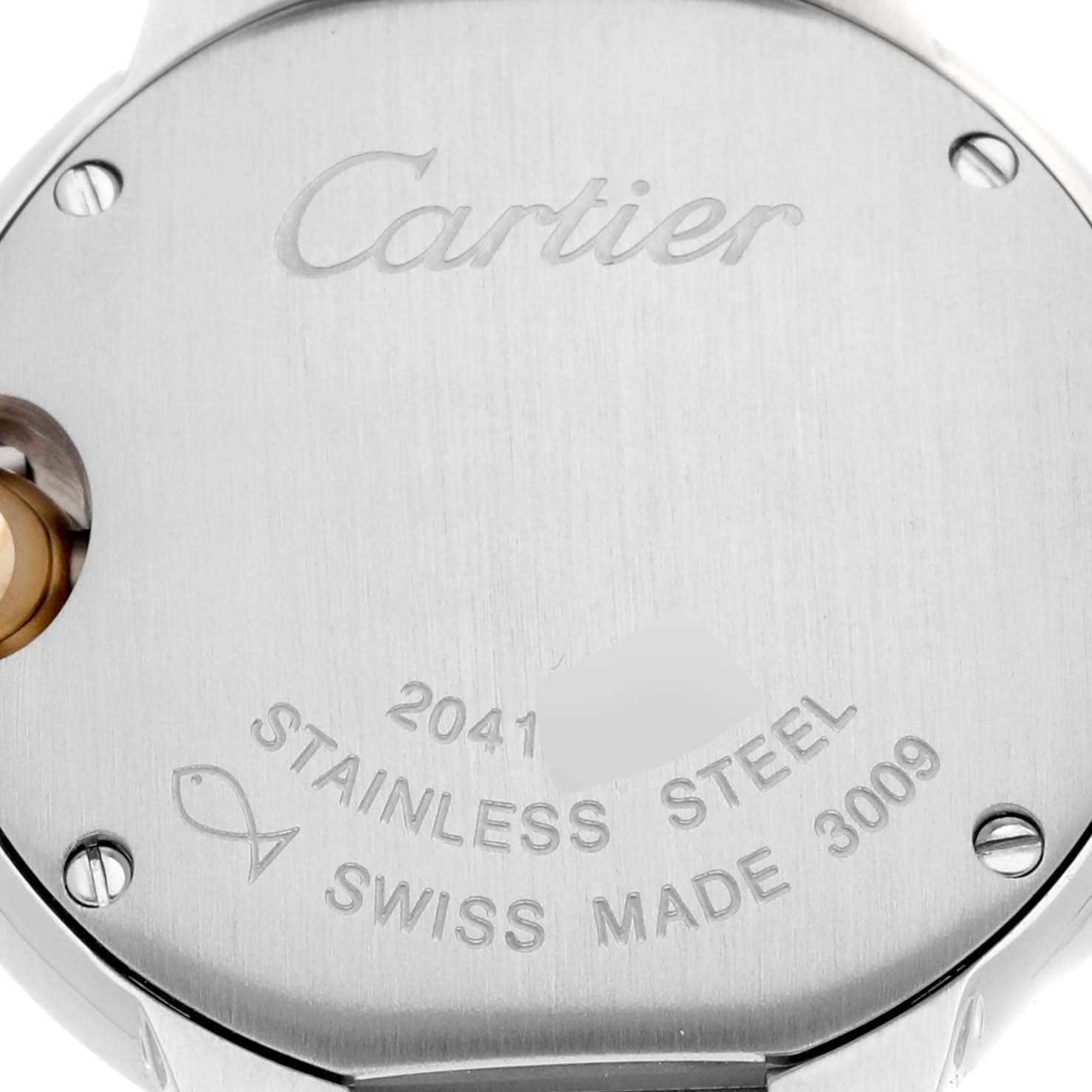 This image shows the stainless steel back case of the Ballon Bleu model by Cartier.