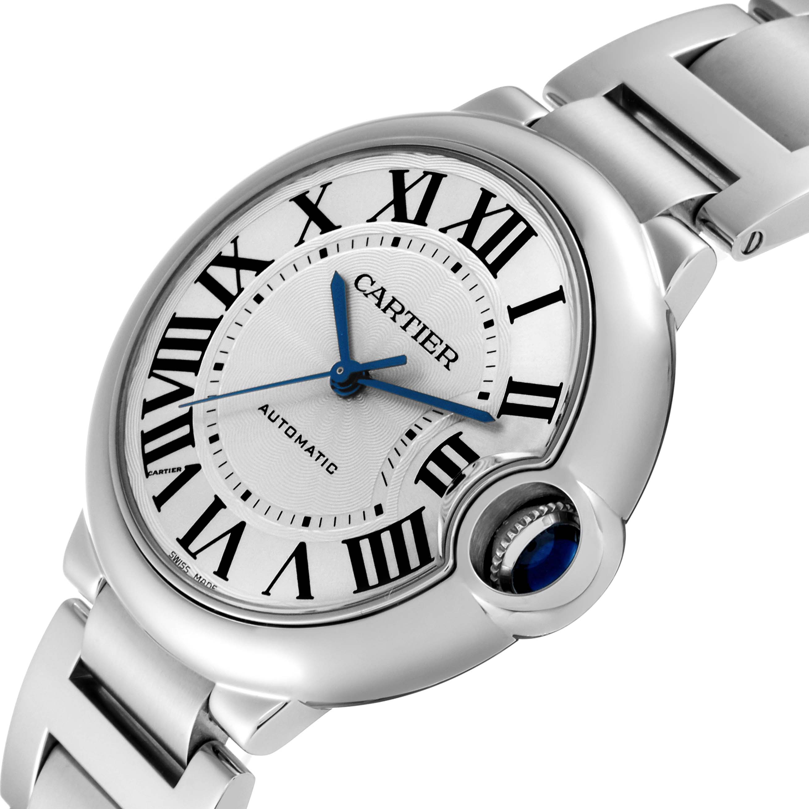 The image shows a close-up angle of the Cartier Ballon Bleu W6920046 Women
s Stainless Steel Silver Dial W6920046 Women
s Stainless Steel Silver Dial model, highlighting the face, crown with a blue cabochon, and part of the bracelet.