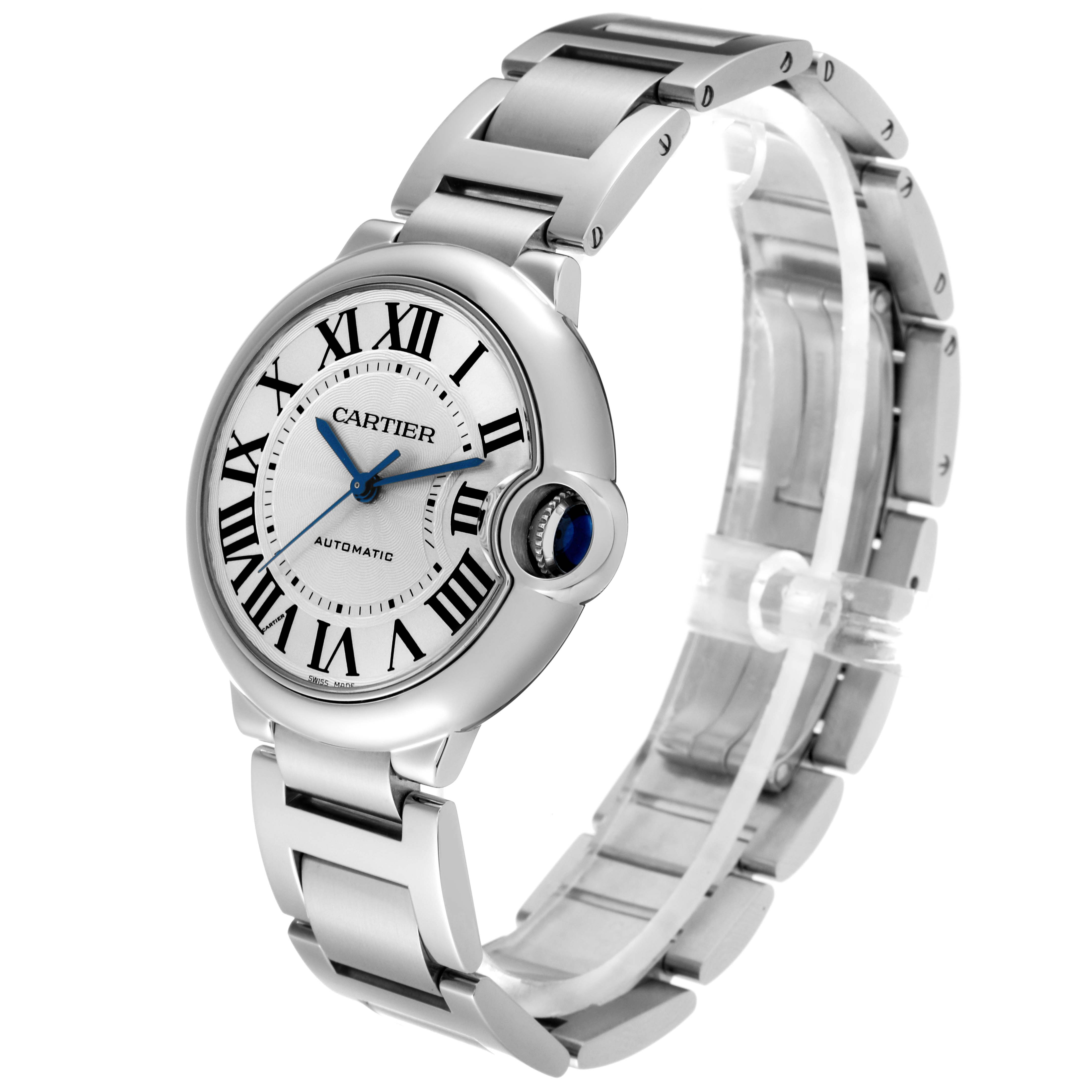 The image shows a Cartier Ballon Bleu W6920046 Women
s Stainless Steel Silver Dial W6920046 Women
s Stainless Steel Silver Dial watch at a three-quarter angle, highlighting its face, bracelet, and crown.