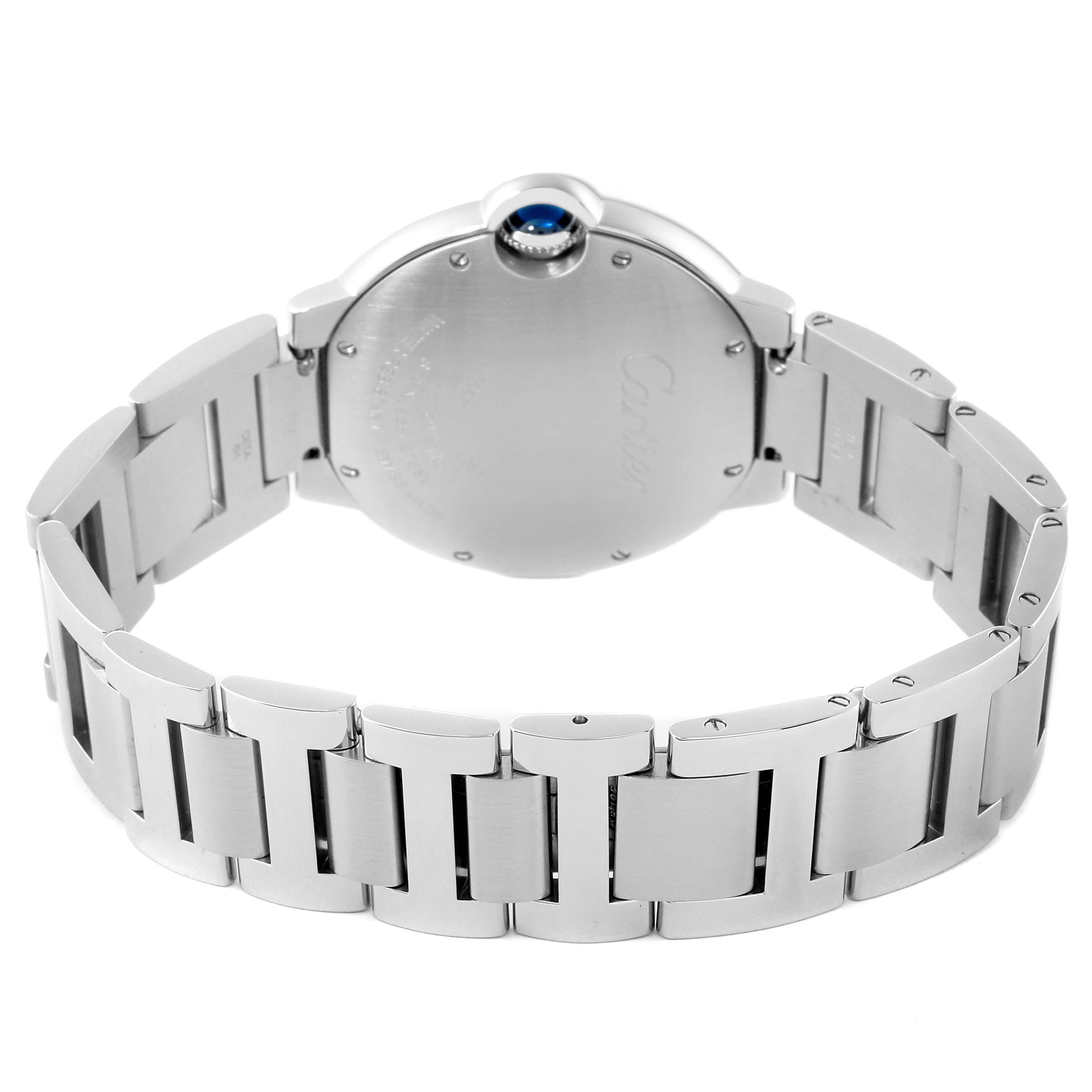 The image shows the back view of a Cartier Ballon Bleu W6920046 Women
s Stainless Steel Silver Dial W6920046 Women
s Stainless Steel Silver Dial watch, highlighting the bracelet and case back.