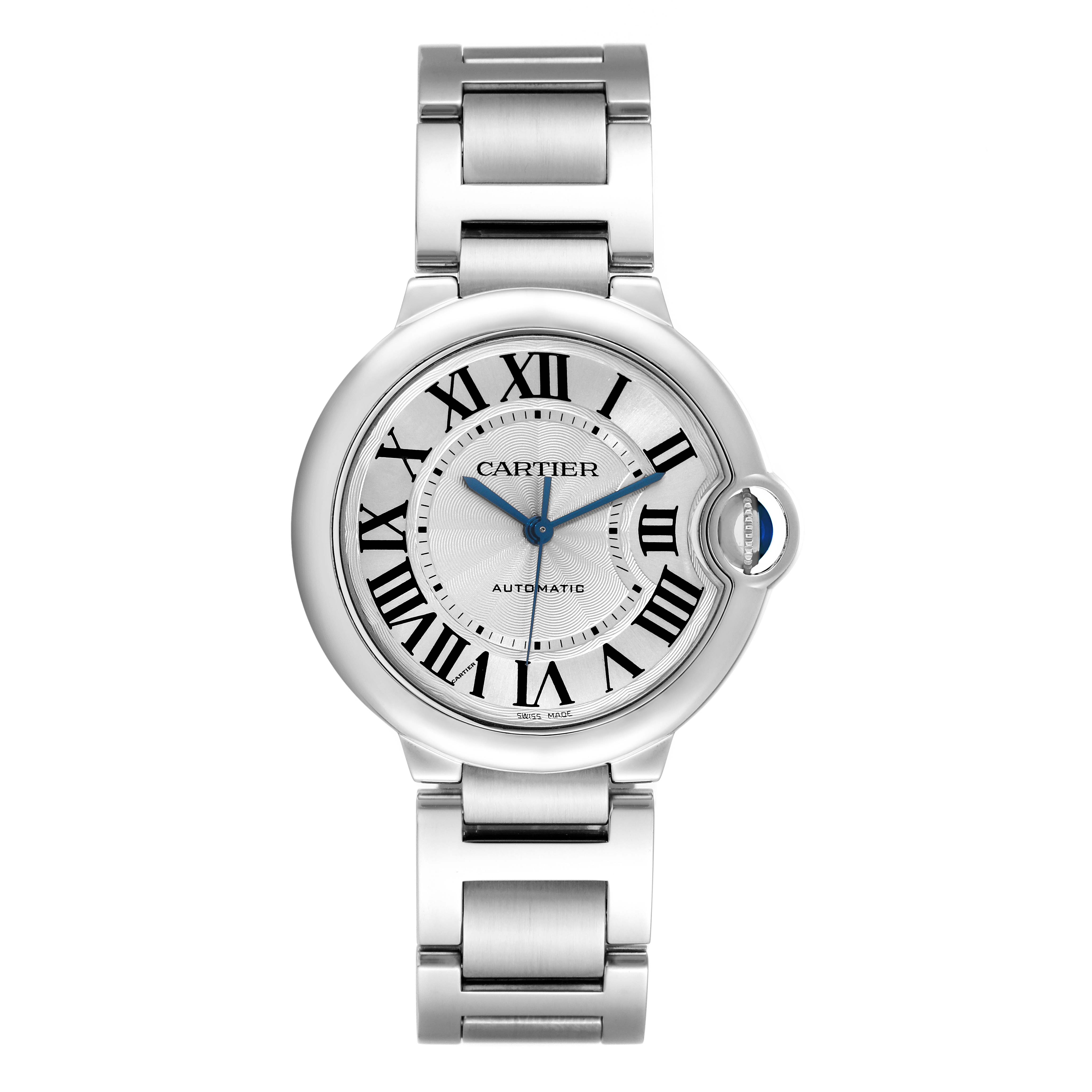 The image shows a front view of the Cartier Ballon Bleu W6920046 Women
s Stainless Steel Silver Dial W6920046 Women
s Stainless Steel Silver Dial watch, highlighting its face, bezel, and metal bracelet.