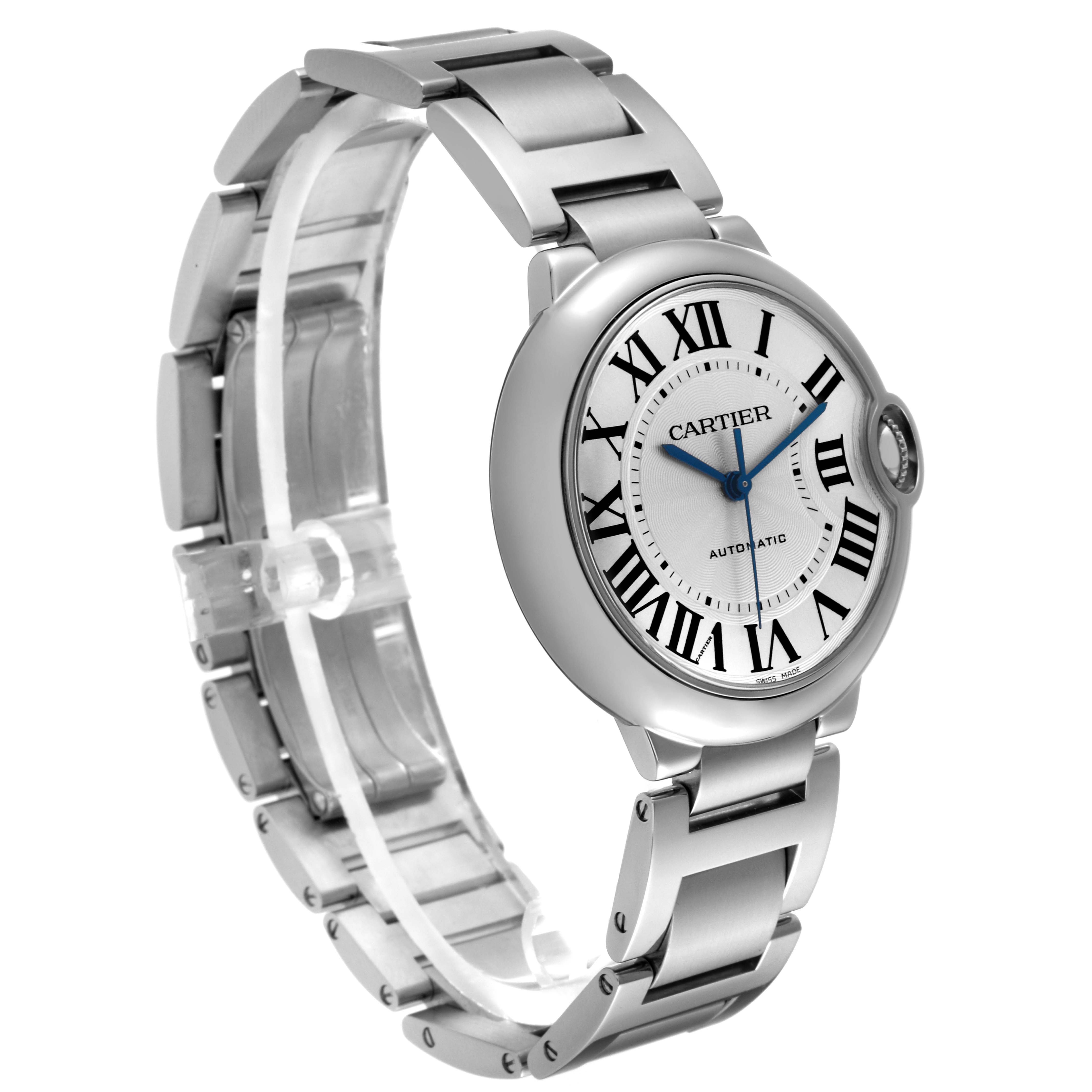 The image shows a Cartier Ballon Bleu W6920046 Women
s Stainless Steel Silver Dial W6920046 Women
s Stainless Steel Silver Dial watch at a three-quarter angle featuring its face and metal bracelet.