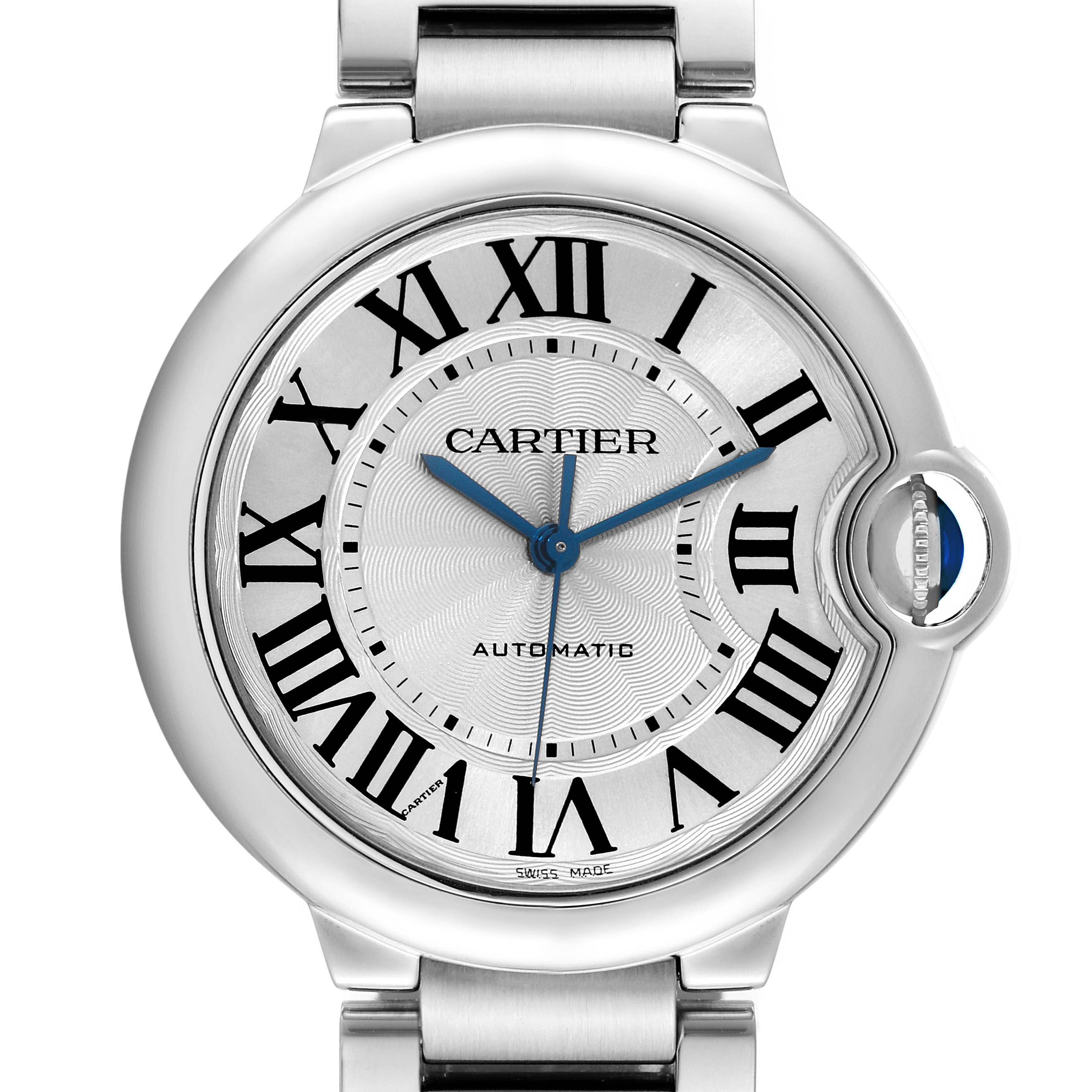 The image shows a close-up of the face of a Cartier Ballon Bleu W6920046 Women
s Stainless Steel Silver Dial W6920046 Women
s Stainless Steel Silver Dial watch, displaying its Roman numerals and blue sword-shaped hands.