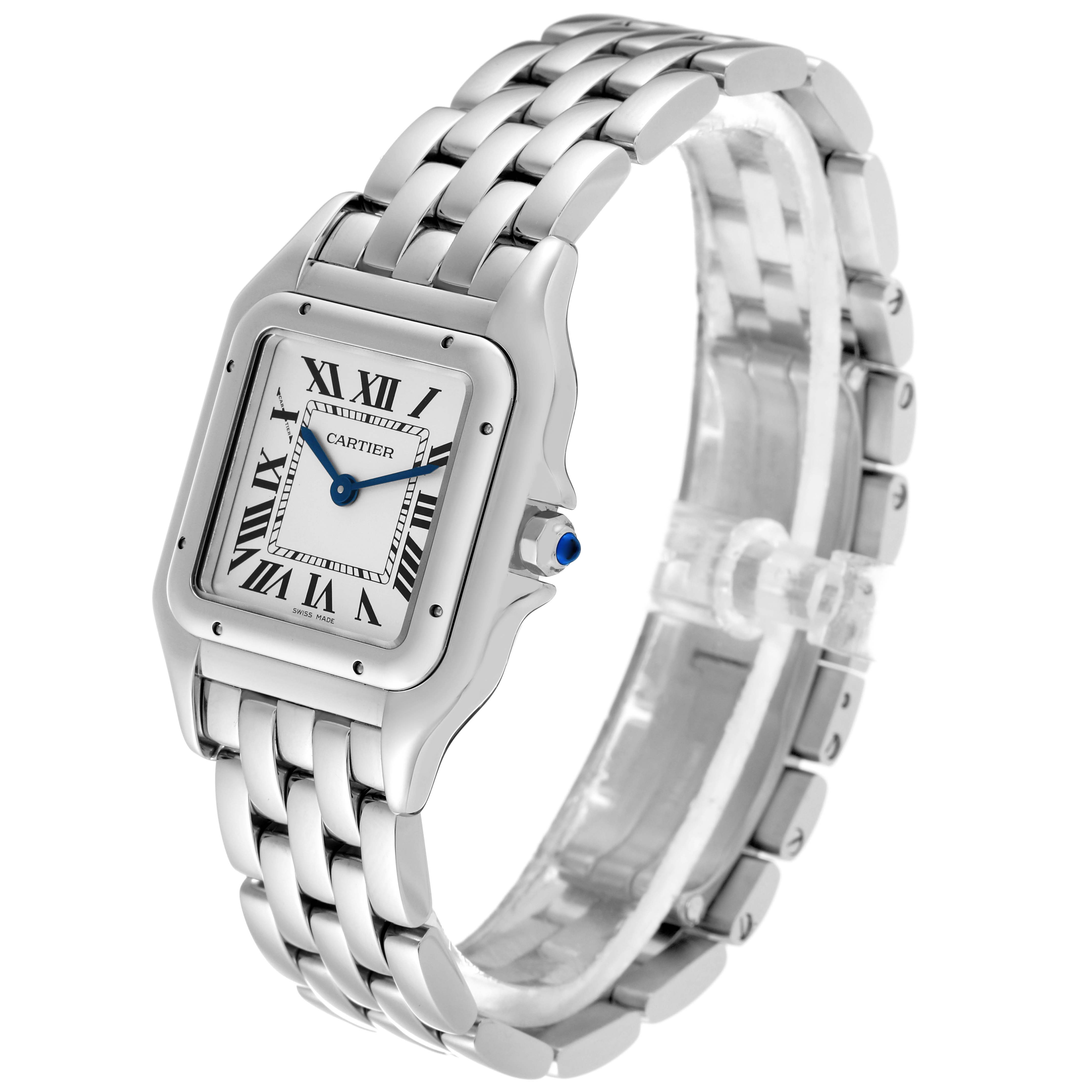The image shows a Cartier Panthere WSPN0007 Women's Stainless Steel Silver Dial WSPN0007 Women's Stainless Steel Silver Dial watch angled to display the face, bezel, crown, and metal bracelet.