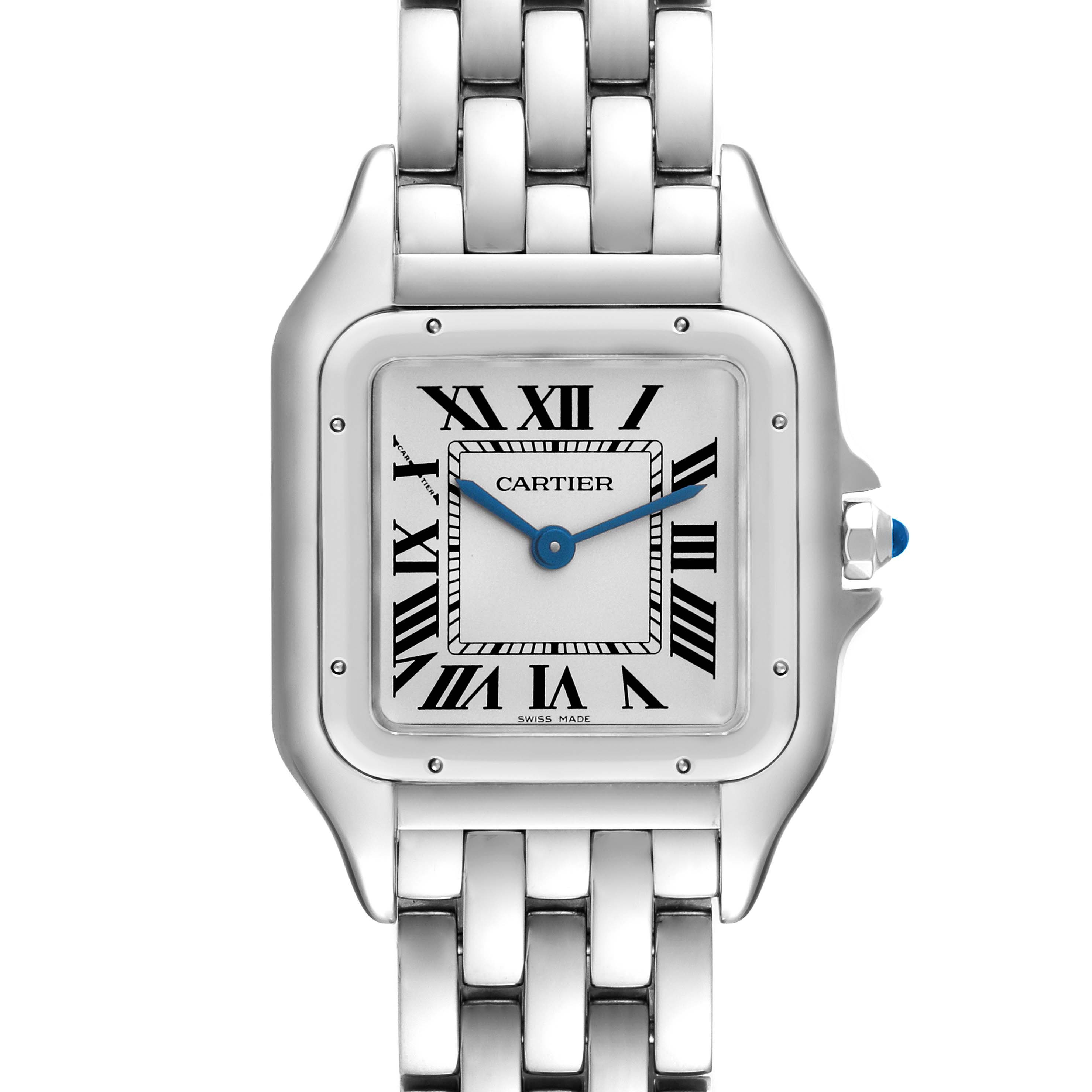 The image shows a front view of a Panthere de Cartier watch, highlighting its face, Roman numerals, hands, and bracelet.