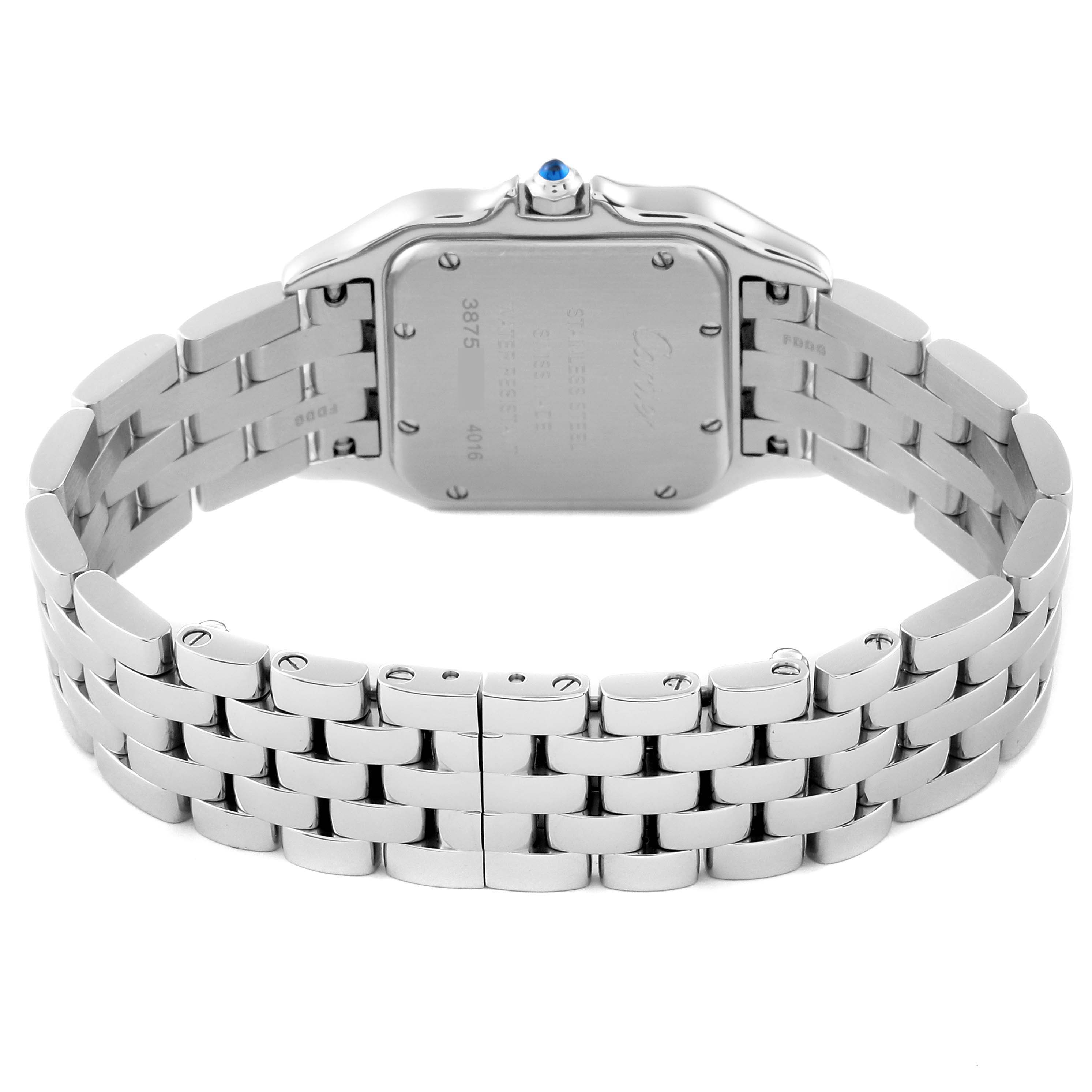 The image shows the back view of a Panthere model by Cartier, highlighting the case back and bracelet.