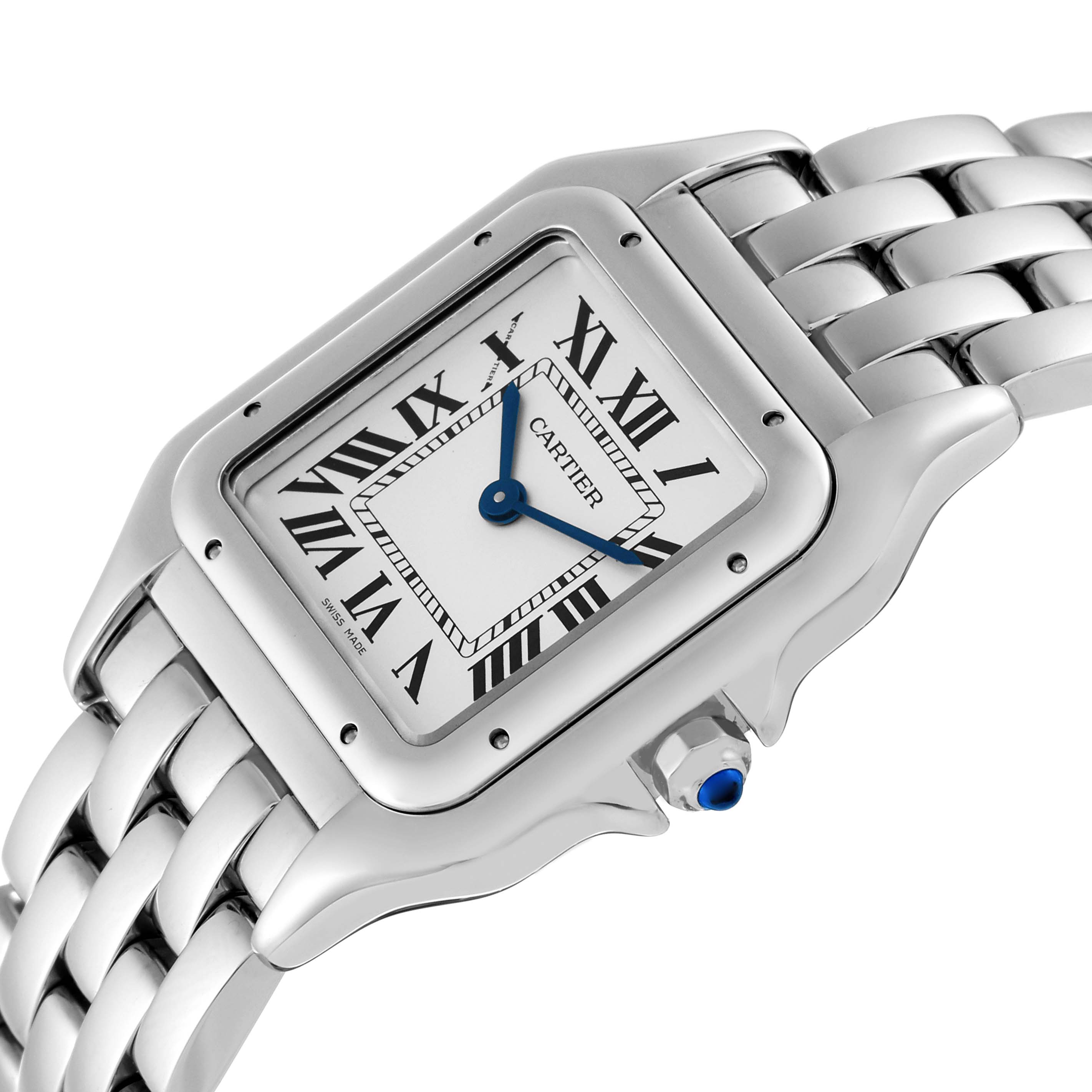 This image shows a close-up angle of the Cartier Panthere WSPN0007 Women's Stainless Steel Silver Dial WSPN0007 Women's Stainless Steel Silver Dial model watch focusing on its face, bezel, and part of the bracelet.