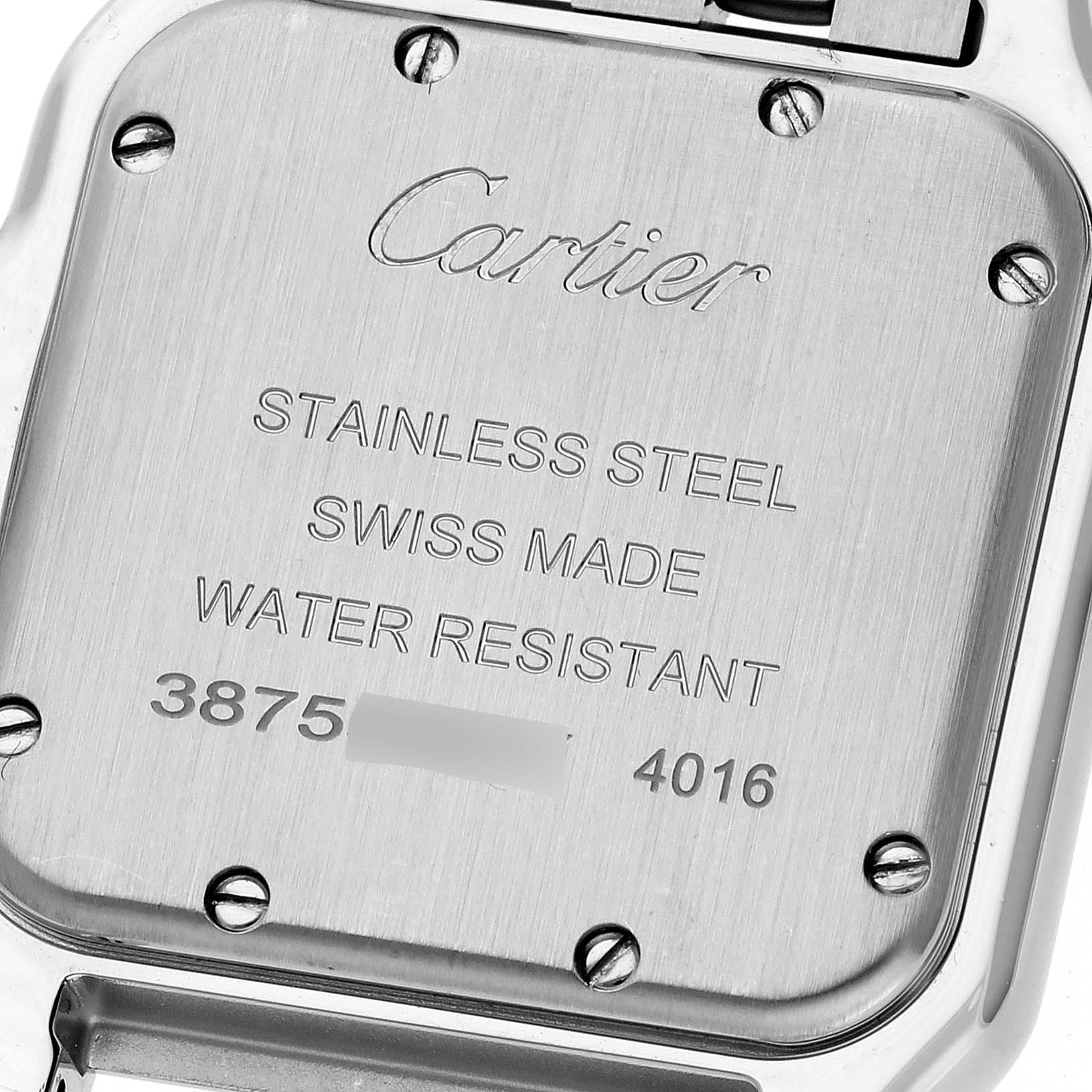 The image shows the case back of a Panthere model watch by Cartier, displaying text about its materials and specifications.