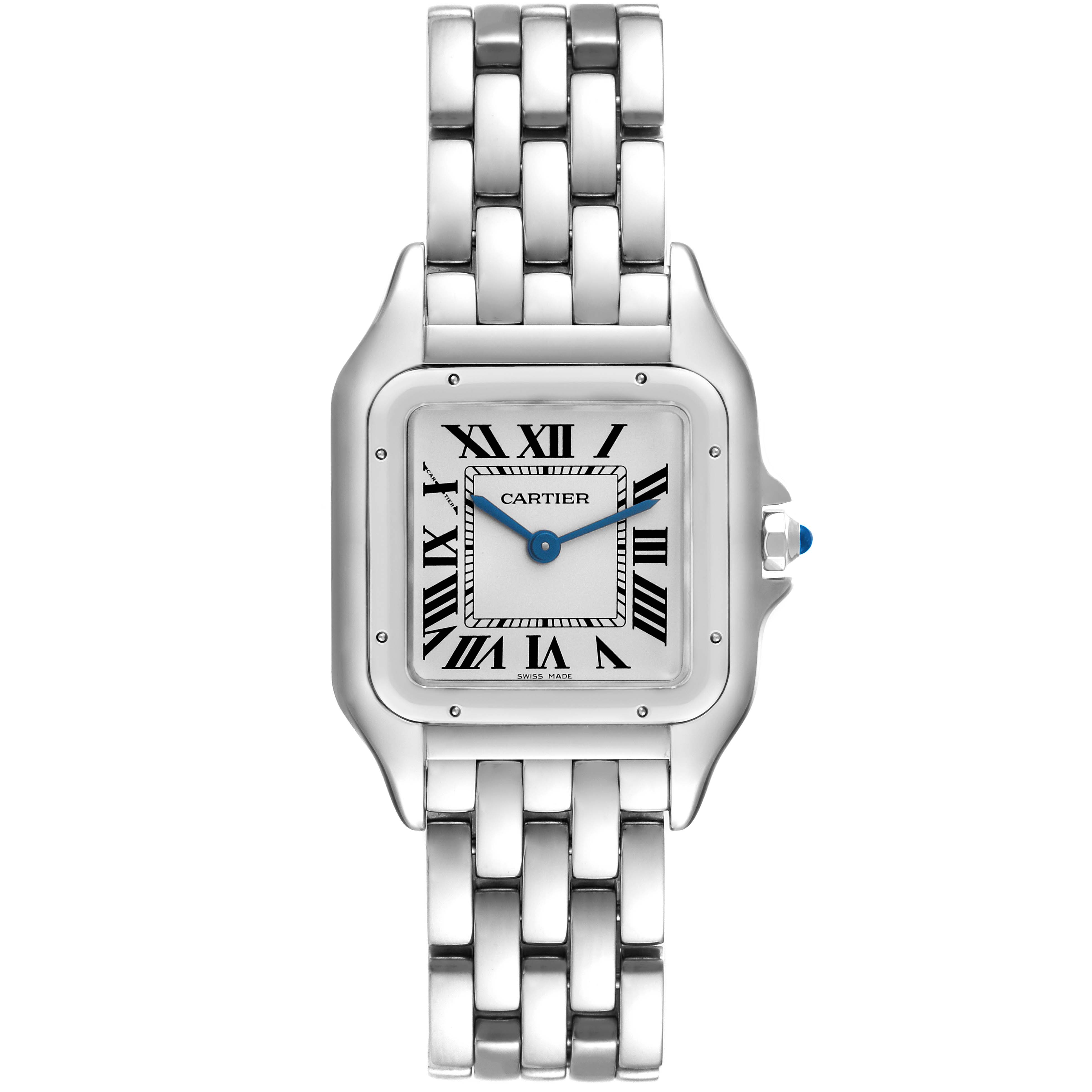 The image shows a Panthere model watch by Cartier from a top-down view, displaying the dial and bracelet.