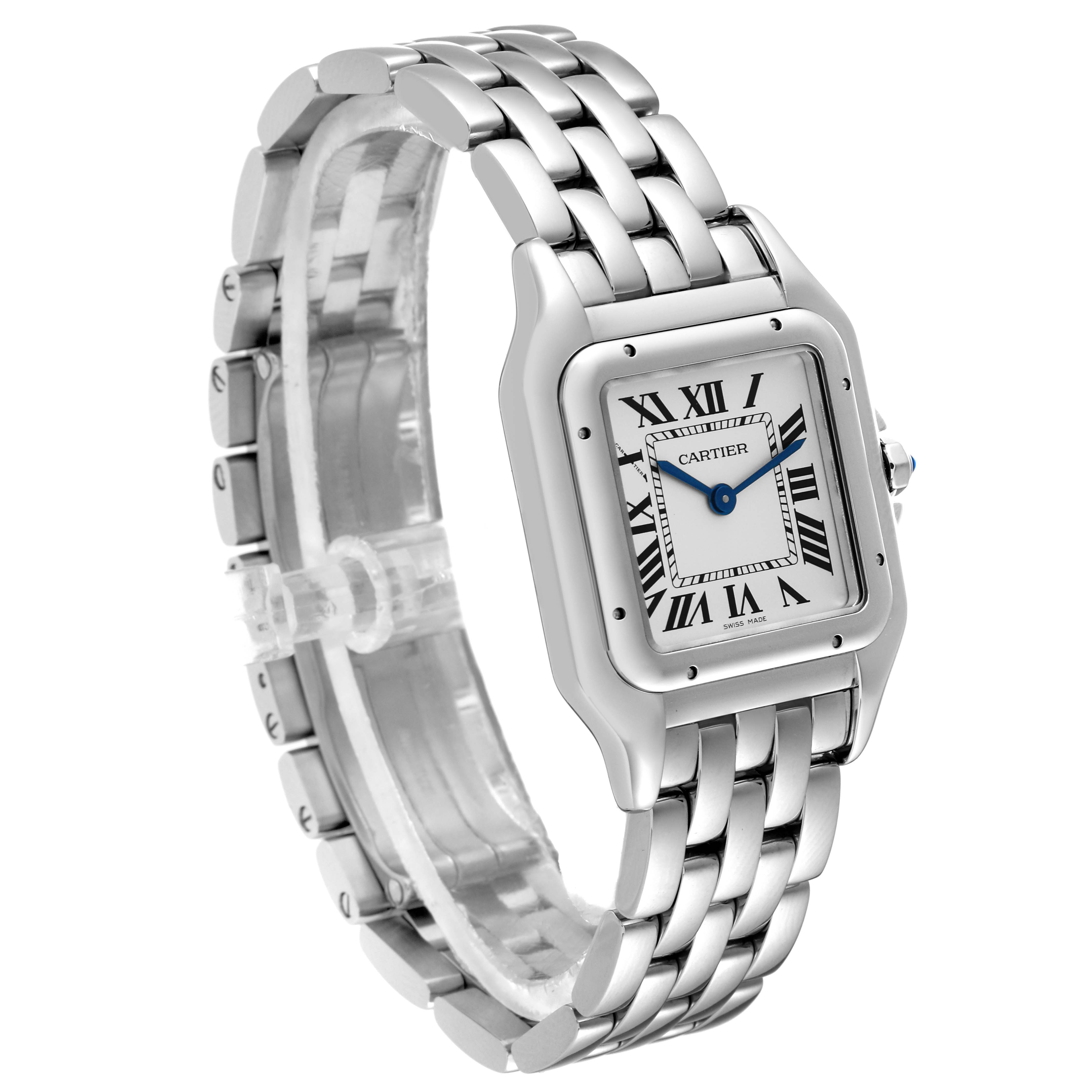 The image shows a side view of the Cartier Panthere WSPN0007 Women's Stainless Steel Silver Dial WSPN0007 Women's Stainless Steel Silver Dial model watch, highlighting its bracelet, case, and dial.