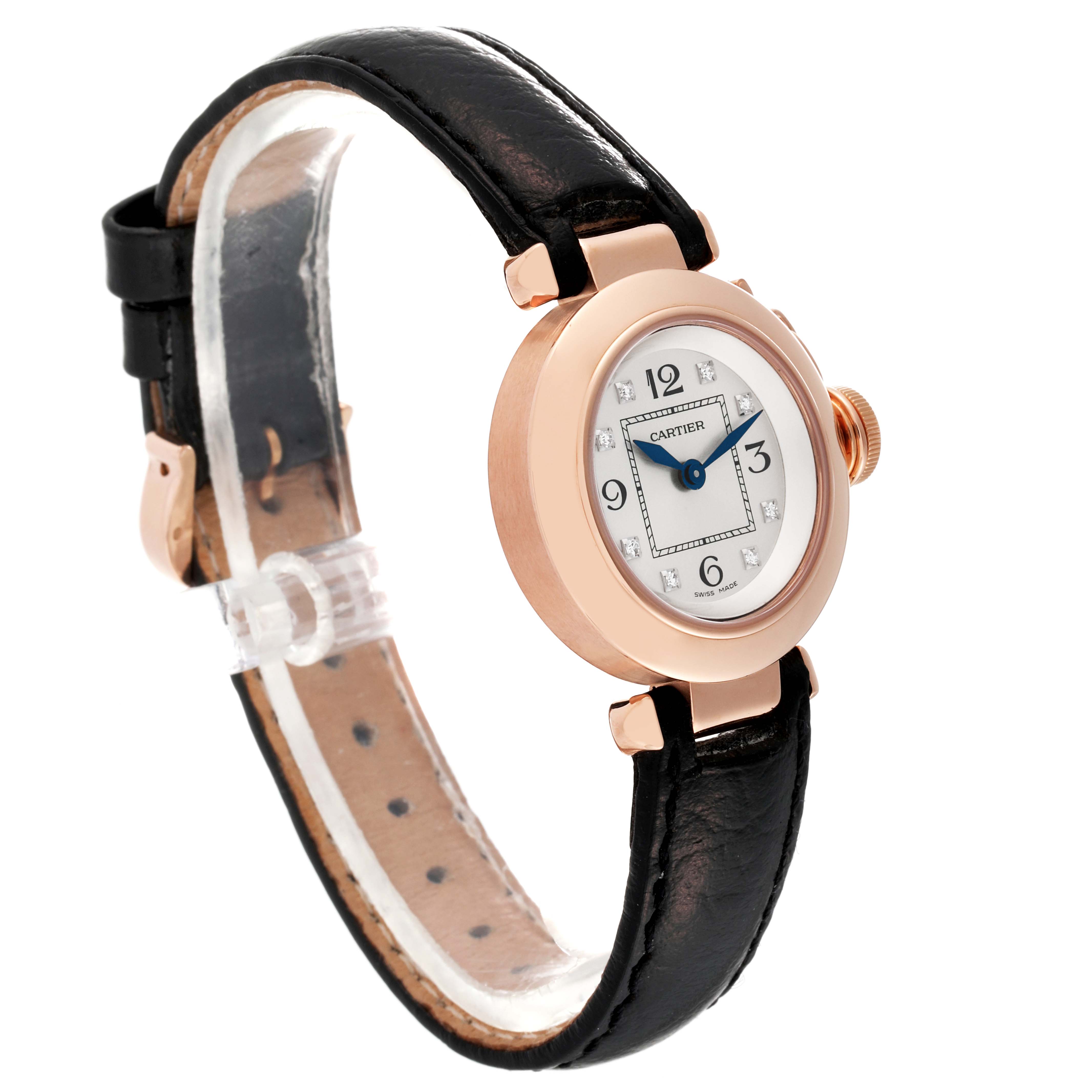 The Cartier Pasha WJ124028 Women's Rose Gold Silver Dial WJ124028 Women's Rose Gold Silver Dial watch is shown from a side angle, displaying the black leather strap, round case, and dial.