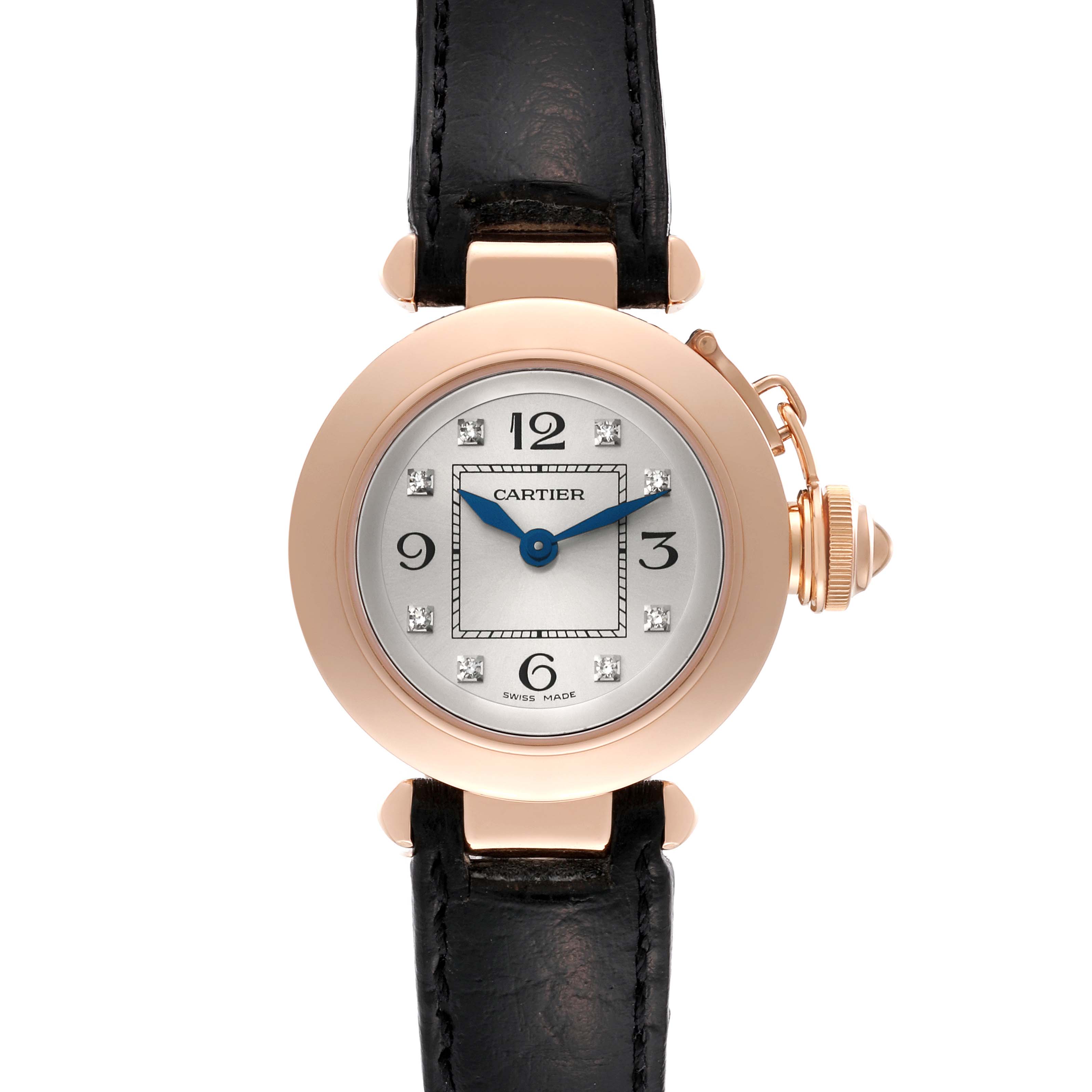 This image shows a Cartier Pasha WJ124028 Women's Rose Gold Silver Dial WJ124028 Women's Rose Gold Silver Dial watch from a front angle, highlighting its face, bezel, crown, and leather strap.