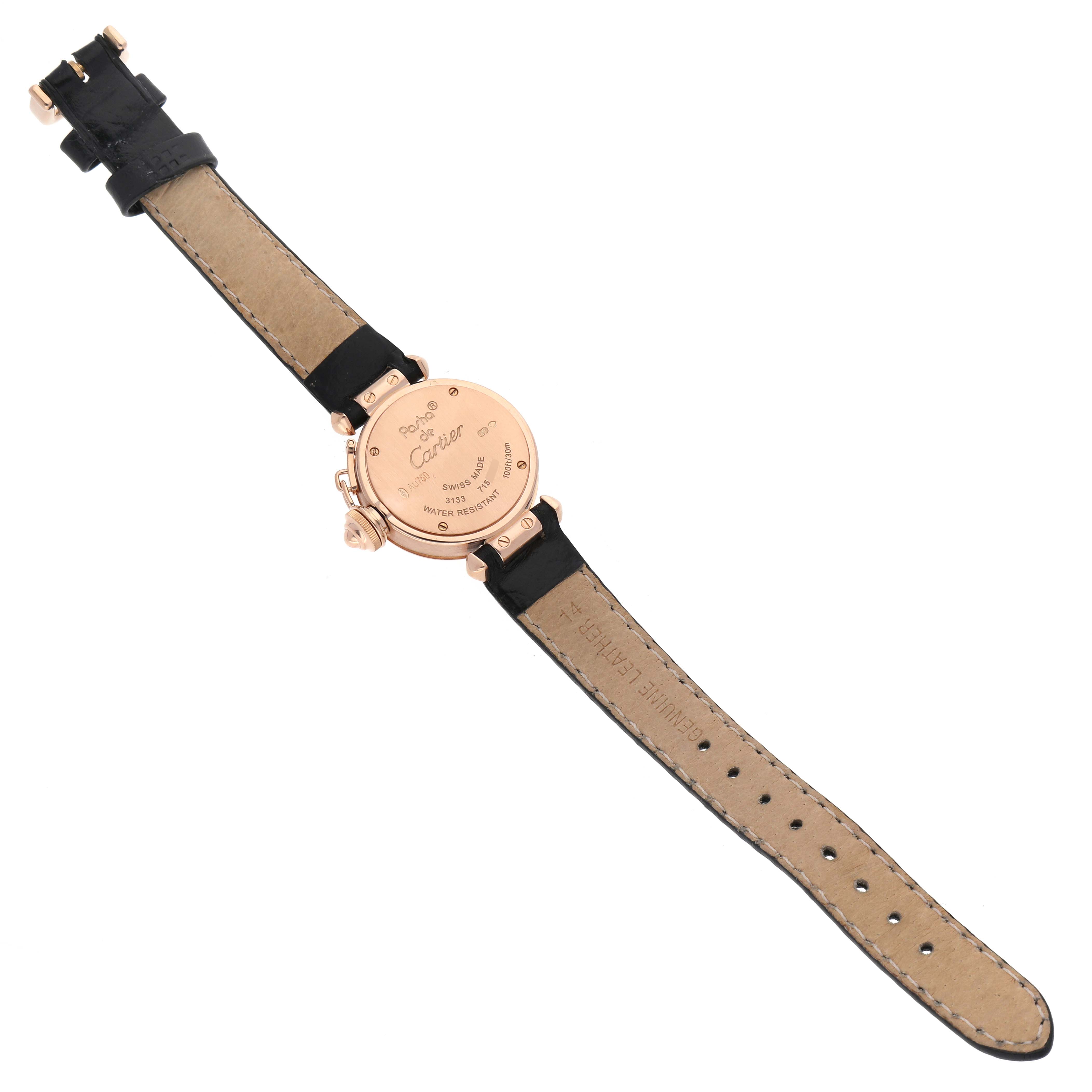 This image shows the back of a Pasha model watch by Cartier, highlighting the case back, leather strap, and buckle.