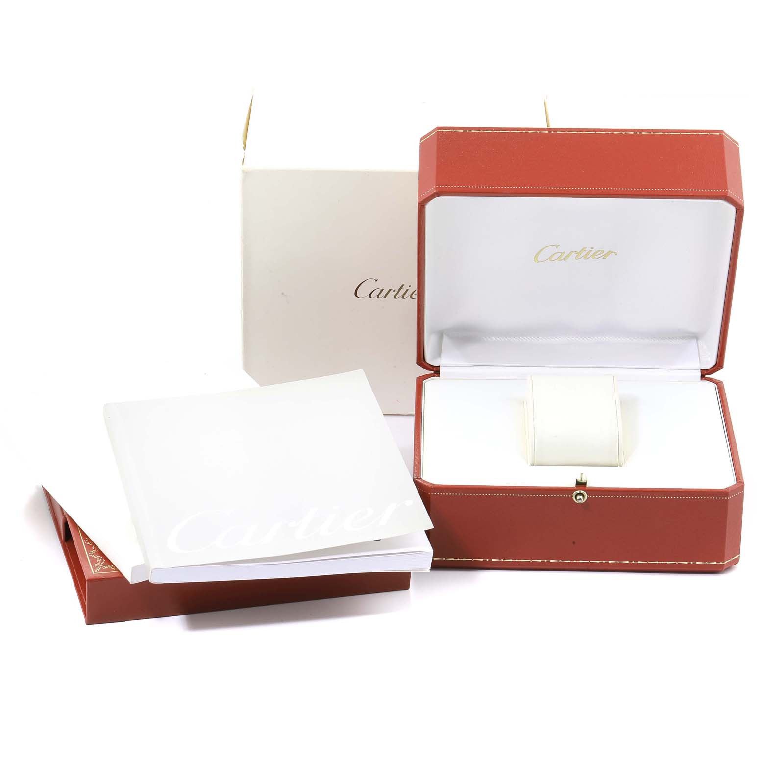 The image shows the packaging and manual for a Cartier Pasha W31058M7 Women
s Stainless Steel Pink Dial W31058M7 Women
s Stainless Steel Pink Dial watch, including the opened box, booklet, and outer box.