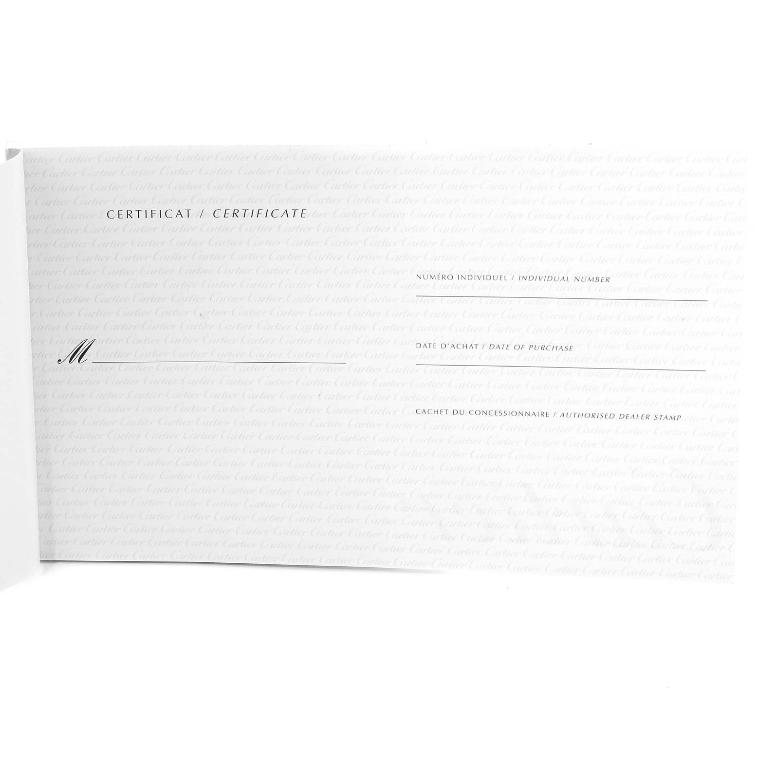 This image shows the certificate for a Pasha model watch by Cartier, including fields for individual number and date of purchase.