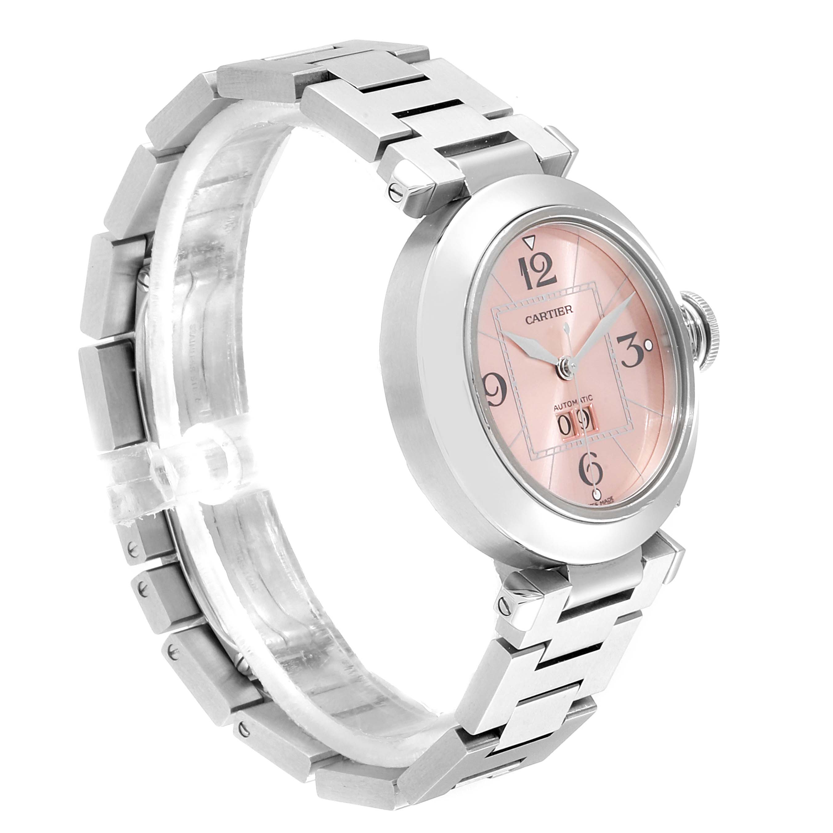 The image shows a Pasha model by Cartier from a three-quarter angle, highlighting the face, bezel, and bracelet.