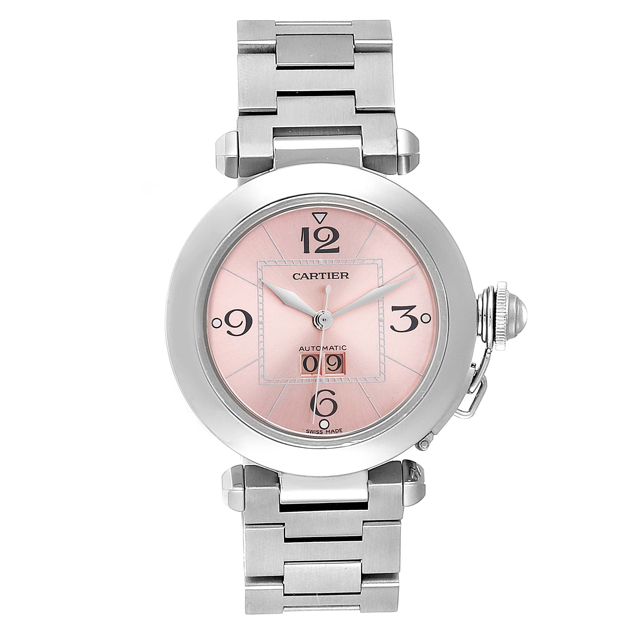 The image shows a frontal view of the Cartier Pasha W31058M7 Women
s Stainless Steel Pink Dial W31058M7 Women
s Stainless Steel Pink Dial watch, highlighting its pink dial, metal bracelet, and round case.