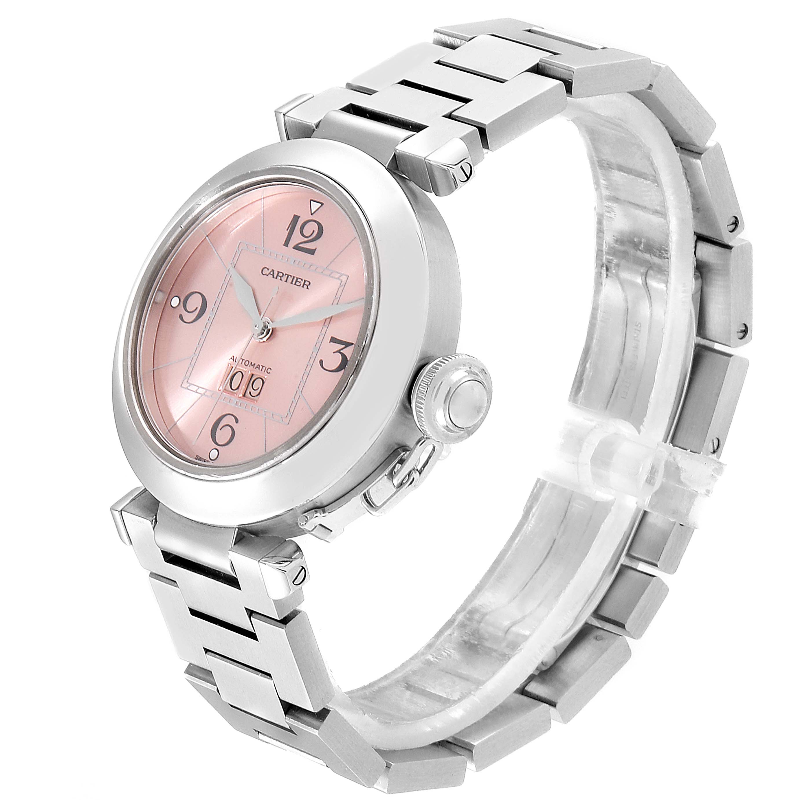 The image shows a Cartier Pasha W31058M7 Women
s Stainless Steel Pink Dial W31058M7 Women
s Stainless Steel Pink Dial watch from a three-quarter angle, highlighting the face, crown, and metal bracelet.