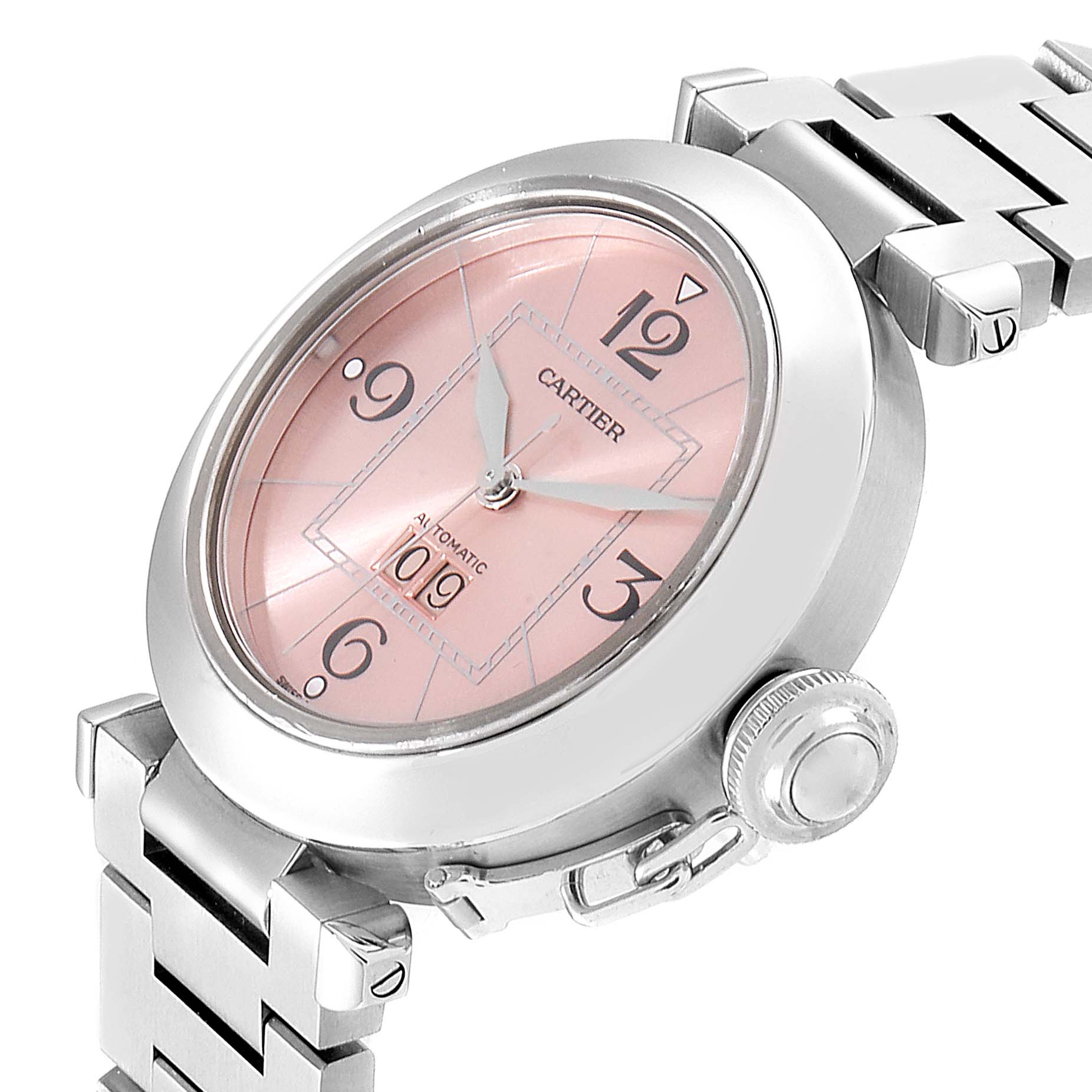 The image shows a side angle of the Cartier Pasha W31058M7 Women
s Stainless Steel Pink Dial W31058M7 Women
s Stainless Steel Pink Dial model watch, highlighting the face, crown, and part of the metal bracelet.