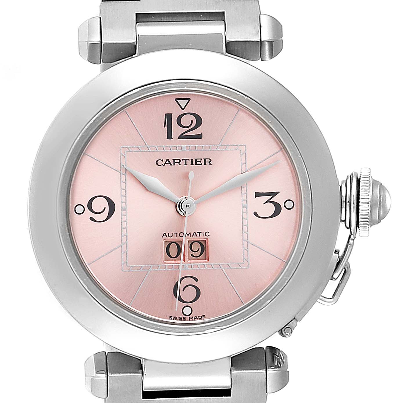 The Cartier Pasha W31058M7 Women
s Stainless Steel Pink Dial W31058M7 Women
s Stainless Steel Pink Dial watch is shown from the front, displaying the dial, numerals, hands, and part of the bracelet.