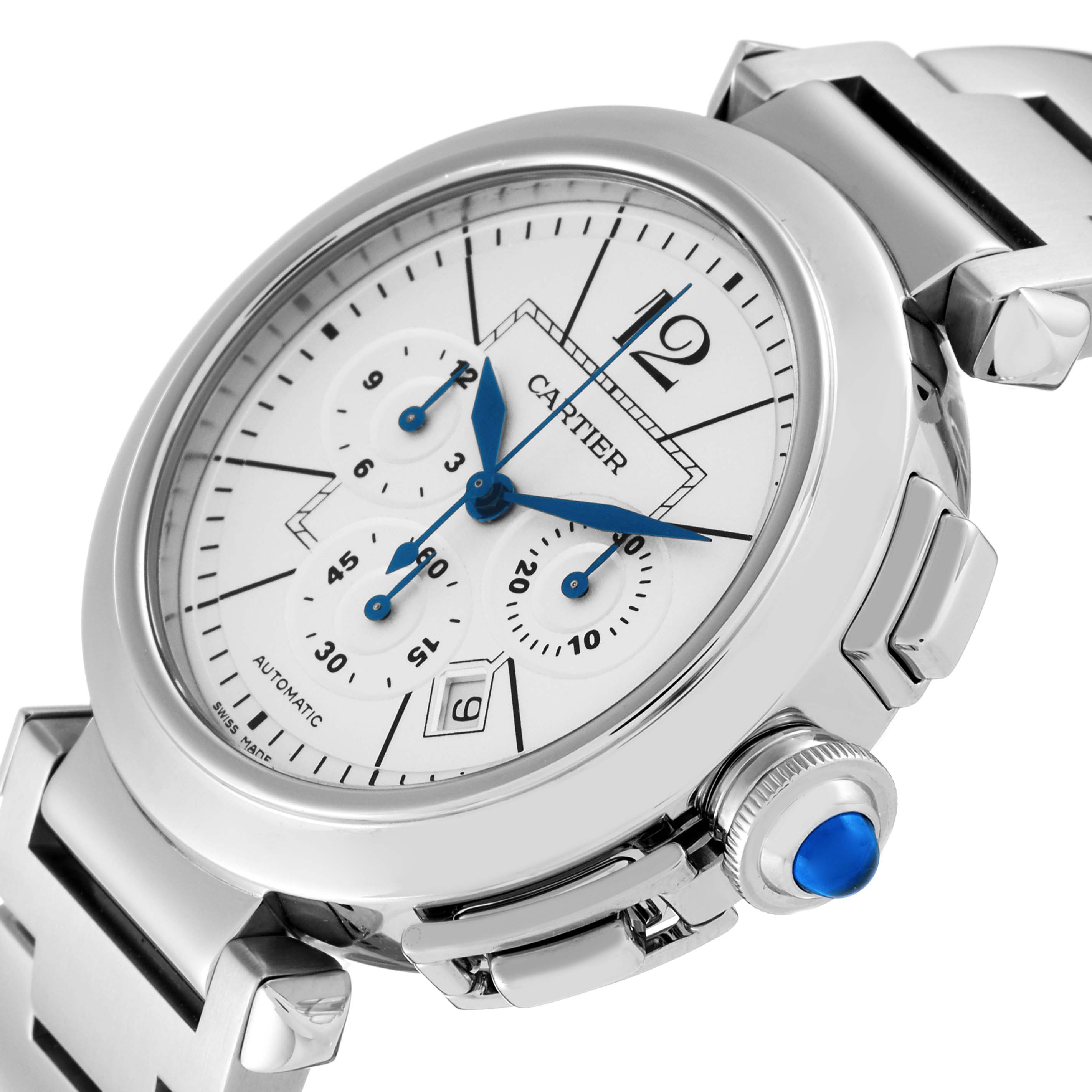 This image shows a Cartier Pasha W31085M7 Men's Stainless Steel Silver Dial W31085M7 Men's Stainless Steel Silver Dial watch at an angle highlighting its dial, crown, and bracelet.