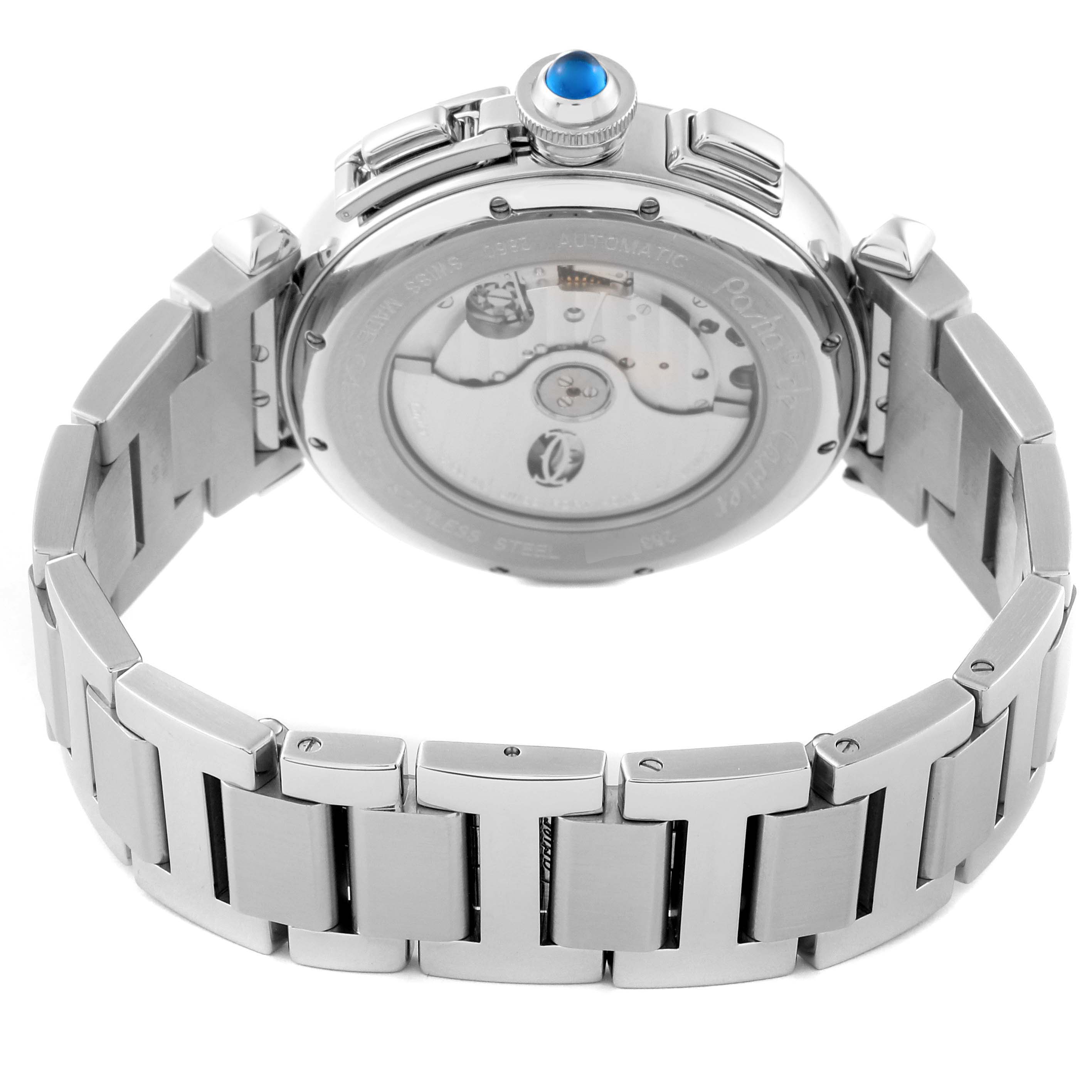 The image shows the back view of the Cartier Pasha W31085M7 Men's Stainless Steel Silver Dial W31085M7 Men's Stainless Steel Silver Dial watch, highlighting its stainless steel bracelet and clear case back.